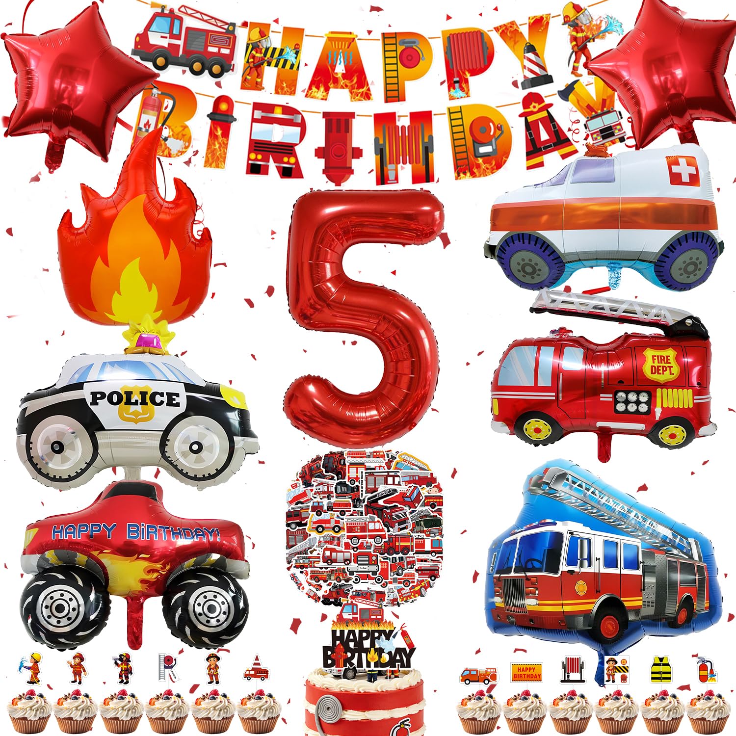 Ezydka Feuerwehr Geburtstag Deko Set Feuerwehr Geburtstagsdeko | mit Folienballon Zahlenballon Banner Aufkleber Feuerwehr Cupcake Topper für Party Deko(5)