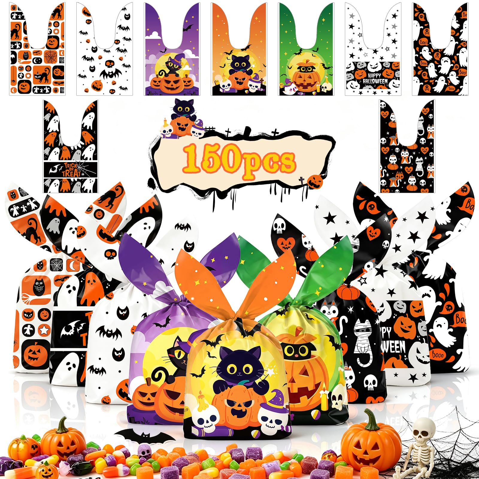 150PCS Halloween Sweet Candy Bags for Trick or Treat Sweets Party Supply