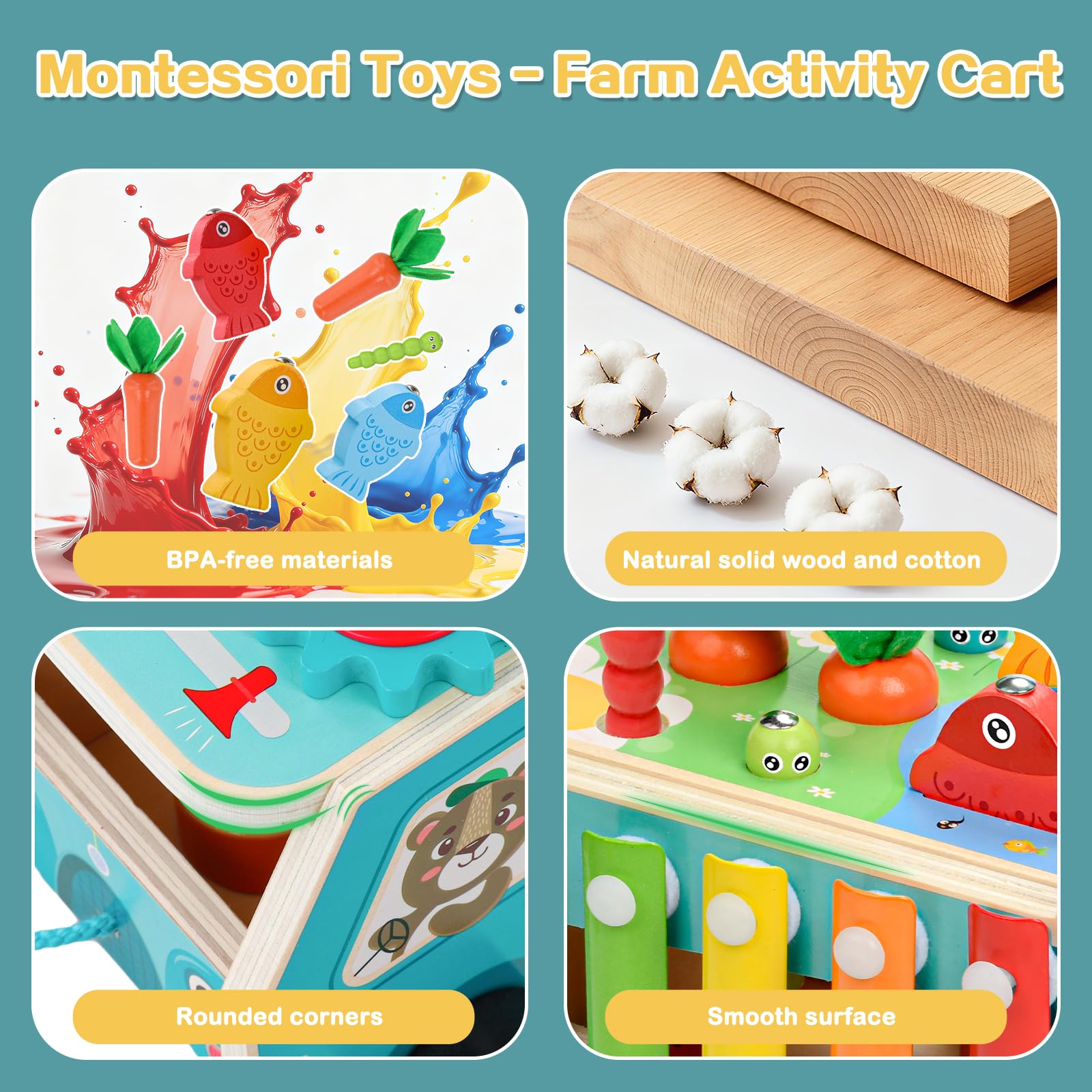 Cubo Motorio Giocattolo in Legno 5-in-1 Trattore con Pesca Gioco di Ingranaggi Xilofono Classificazione delle Forme Giocattolo Educativo Regalo per Bambini dai 1 ai 2 ai 3 Anni