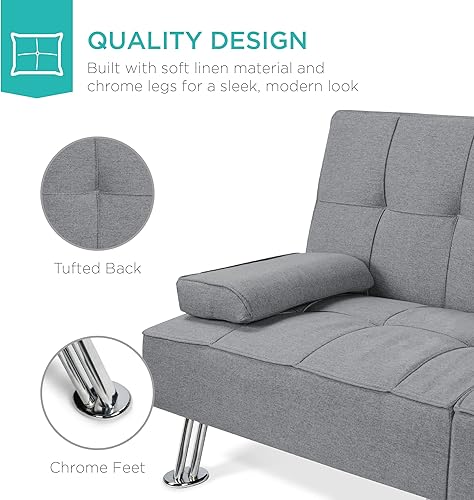 Miniatura 6 de Best Choice Products Sofá cama de futón plegable convertible tapizado de lino para espacio de vida compacto apartamento dormitorio habitación
