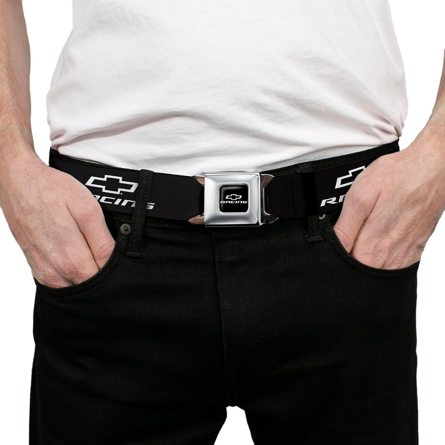 Buckle-Down GM General Motors Belt, Seatbelt Buckle Belt, Chevy Bowtie Racing Logo Black White, Mens Womens Kids Adjustable