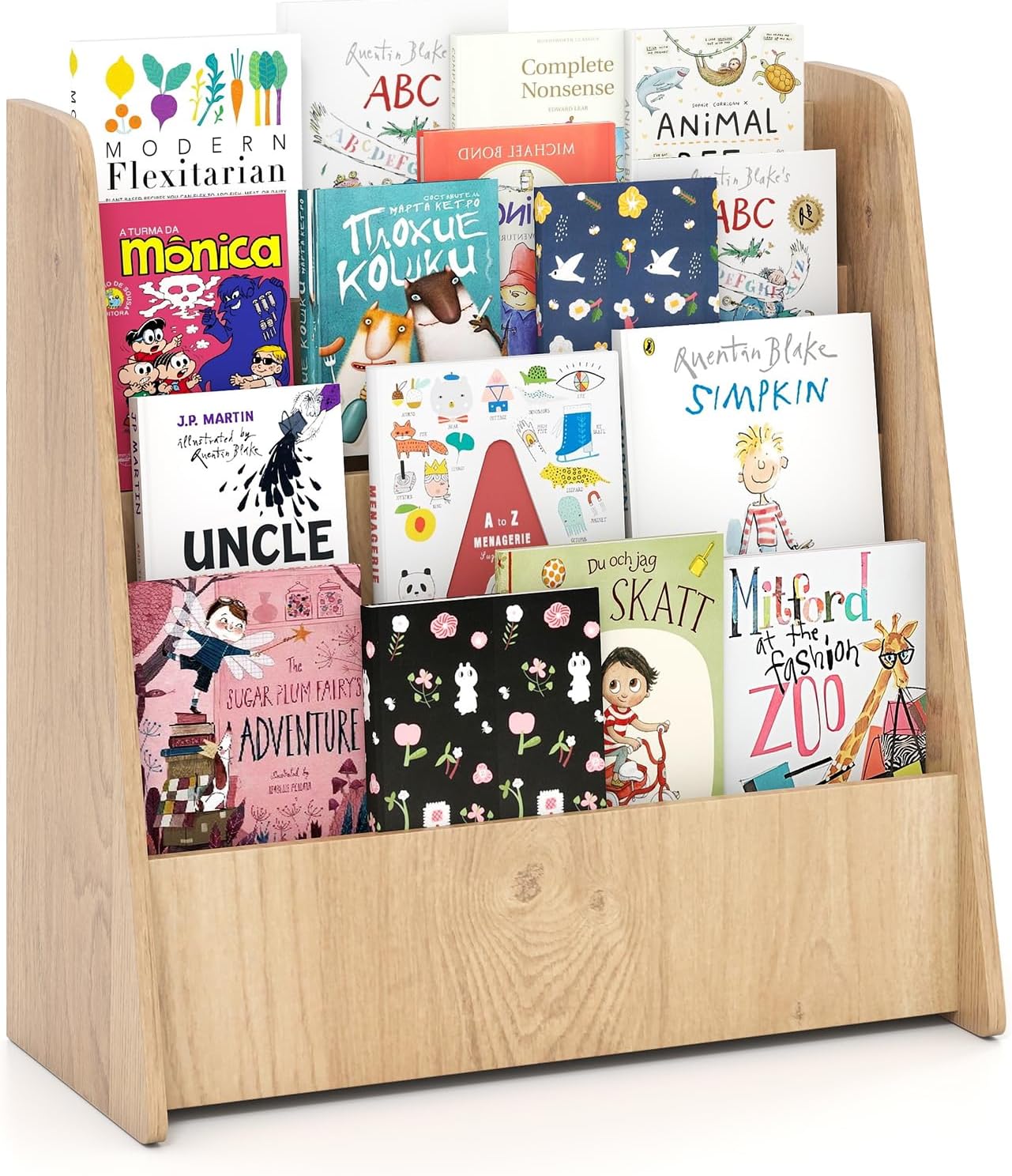 GLACER 4-Tier Kids Bookshelf, Wood Toddler Bookcase with Deep Magazine Display Shelf & Back Storage Space, Children Storage Organizer for Nursery, Playroom, Kids Bedroom, Classroom (Natural)