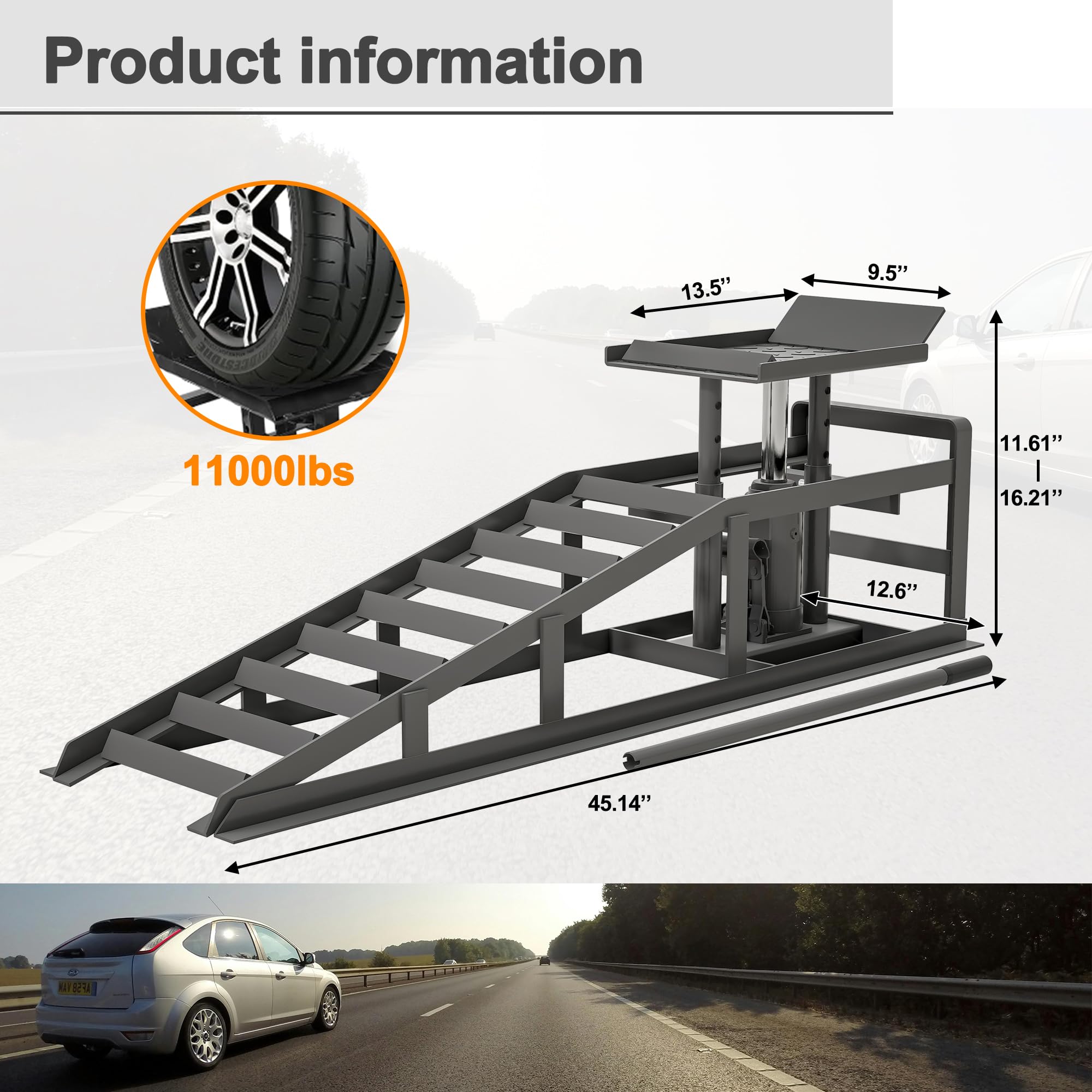 Hydraulic Car Ramps 5T 11000lbs,2 Pack Heavy Duty Steel Lift Ramps with Adjustable Height,Car Ramps Lift Height 11.61