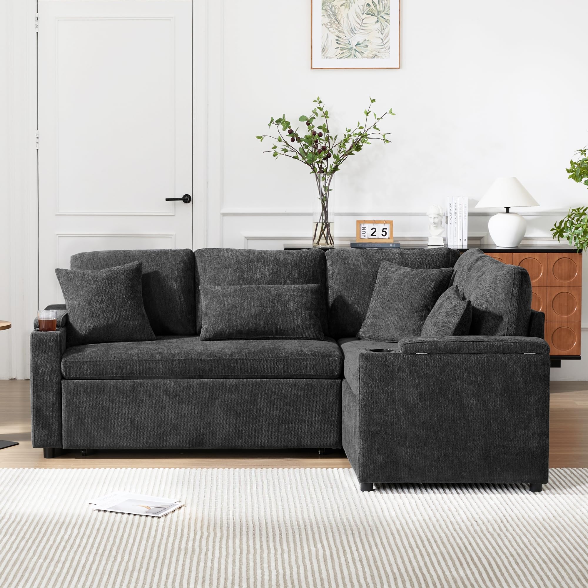 Lubvtti Divano letto 3 posti con vano contenitore,portabicchieri,porta USB, bracciolo portaoggetti e quattro cuscini,Divano angolare estensibile a L,divano 3 posti,ciniglia(D-Grigio)