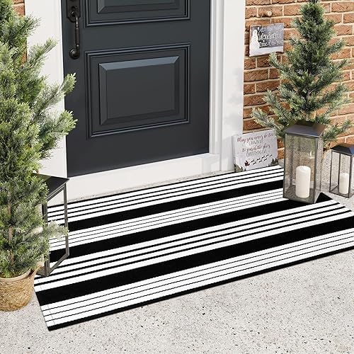 Vista 31 de Alfombra de exterior a rayas blancas y negras, 3 x 5 pies, de algodón, moderna, tejida a mano, reversible, alfombra de patio lavable en capas para 1
