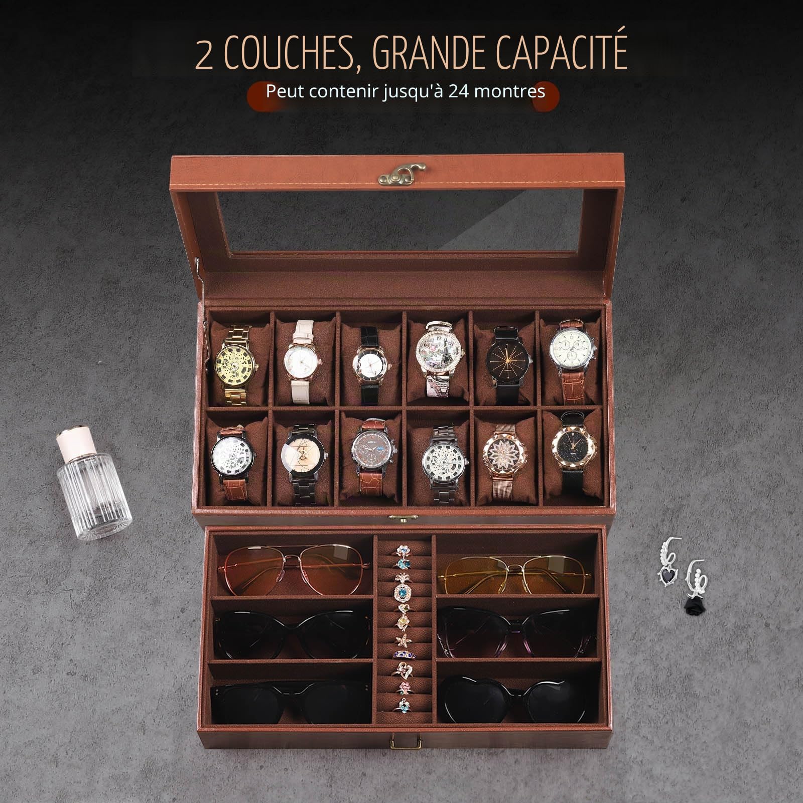 AUTOARK MKAW041 Boîte à bijoux en cuir et velours pour 12 montres et 6 lunettes de soleil, 2 couches avec 1 tiroir, verrouillable, grand dessus en verre