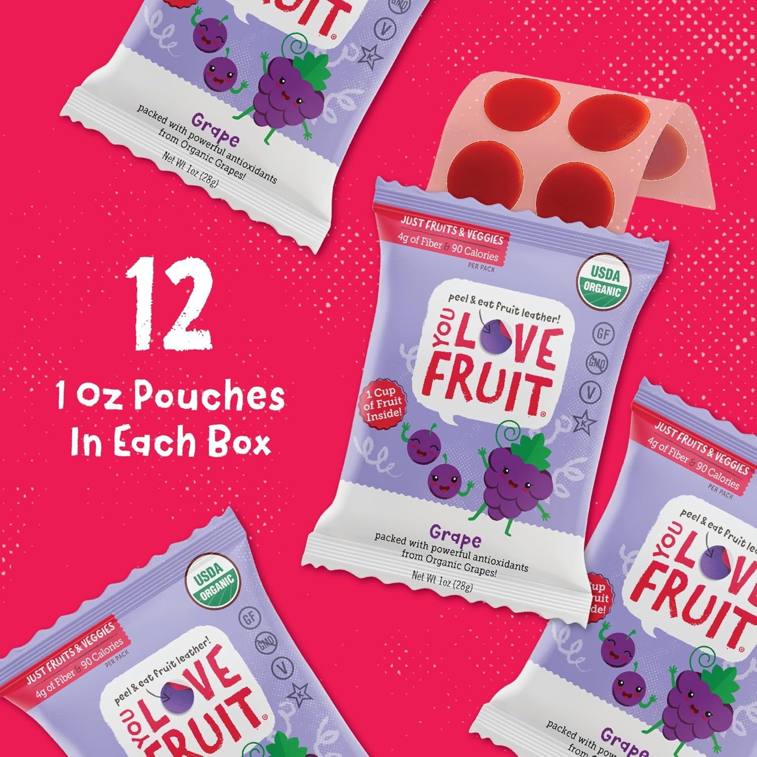 YOU LOVE FRUIT - GRAPE All Natural Fruit Snacks, Healthy Snack Pack, Real Fruit! Gluten Free, Non GMO, Vegan, Fiber packed, Low Fat, Kosher, Variety Pack, Great For Adding To Gift Box, 1.0 oz (Pack of 12)