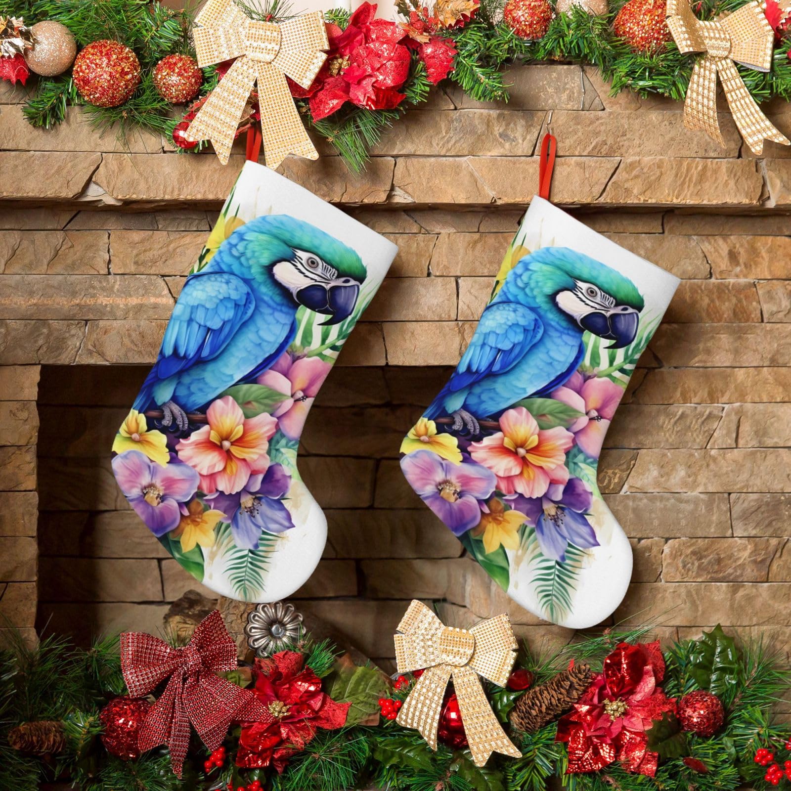 Blue Parrot in Flowers Christmas Stockings 18 Inches Velvet Xmas Fireplace Hanging Stocking Rustic Christmas Santa Stockings for Home Christmas Decorations Party Favor Supplies