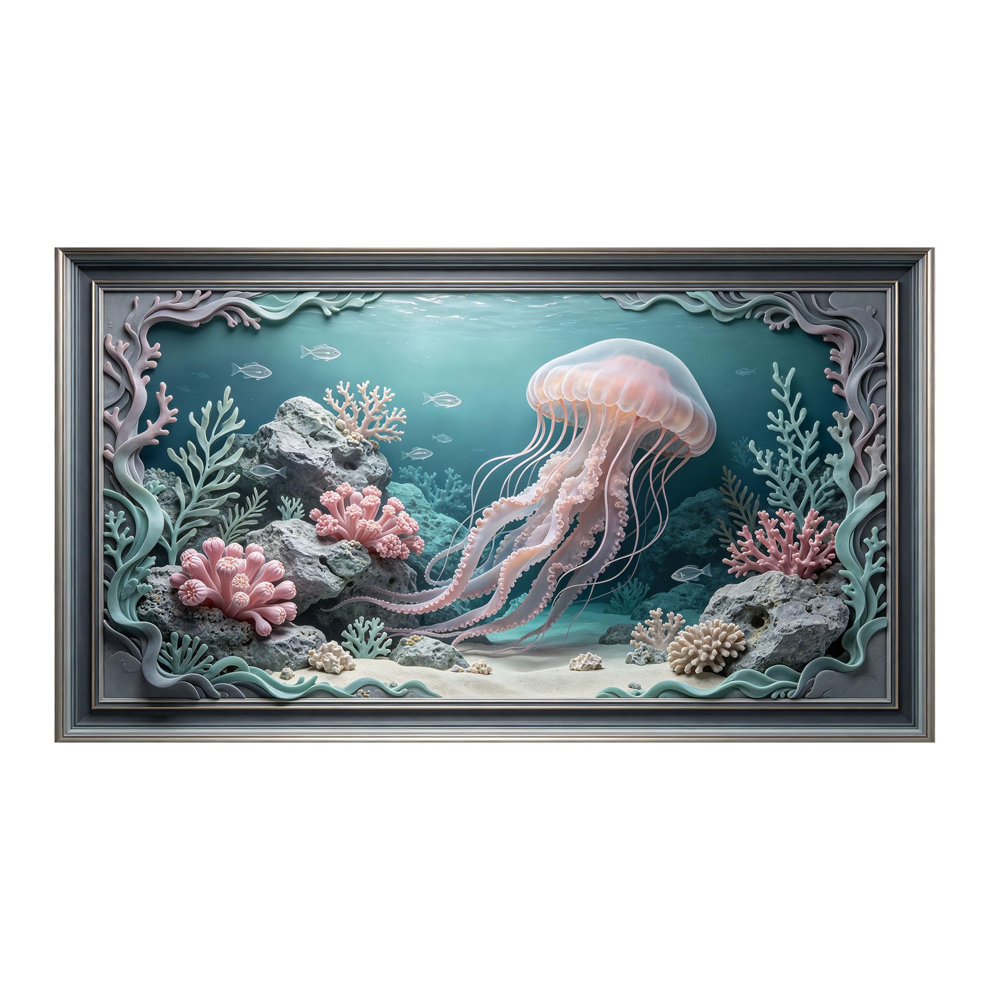 Murasolite 3D Framed Wall Art Ocean Jellyfish Coral Seascape Marine Style SelfAdhesive Fabric Mural Wall Decor， Peel and Stick No Damage to Wall， AntiFall Safe Design for Bedroom Living Room