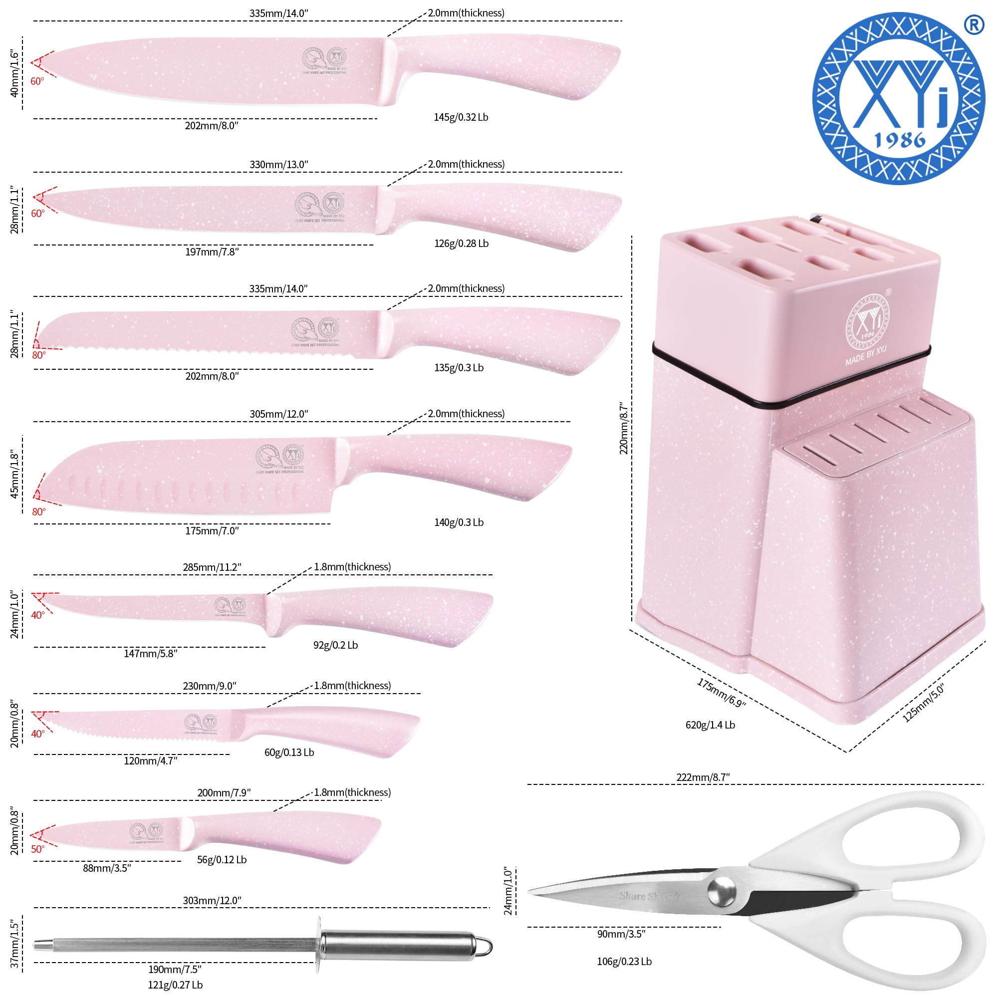 XYJ - Set di coltelli da cucina con portacoltelli, set di coltelli da cucina giapponesi professionali, in acciaio inox, coltello per bistecca, pane, Santoku