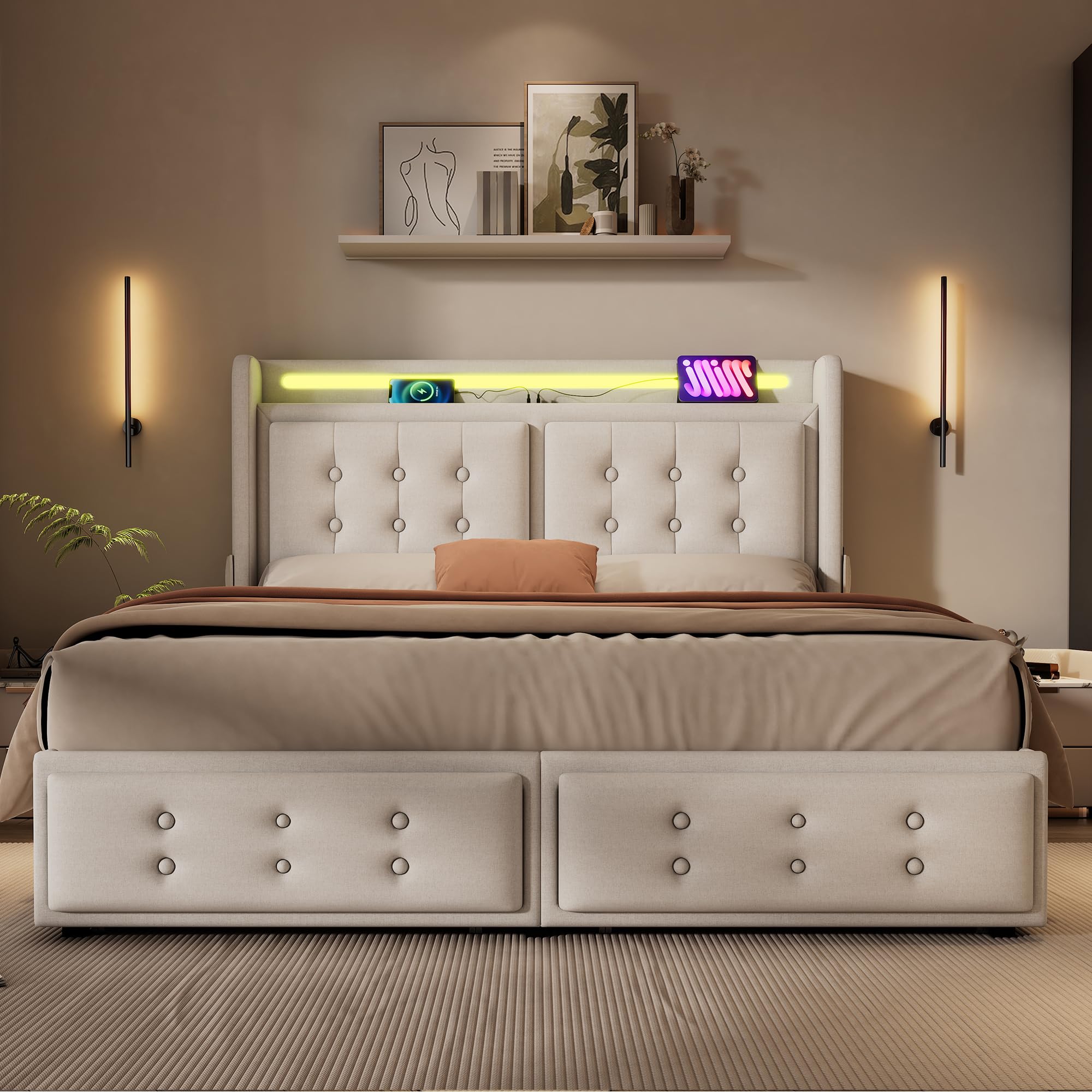 Letto matrimoniale imbottito, 180 x 200 cm, con 4 cassetti, letto