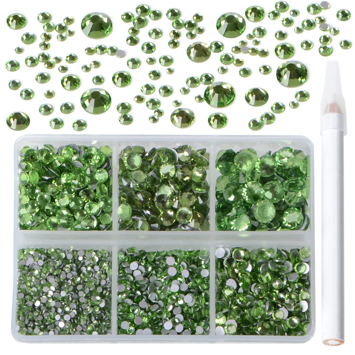 Bymitel 5000 Pieces 6 Mixed Sizes Glue Fix on Glass Rhinestones Round Crystal Gems Flatback for DIY Jewelry Making with one Picking Pen(6-Sizes 5000PCS, Peridot)