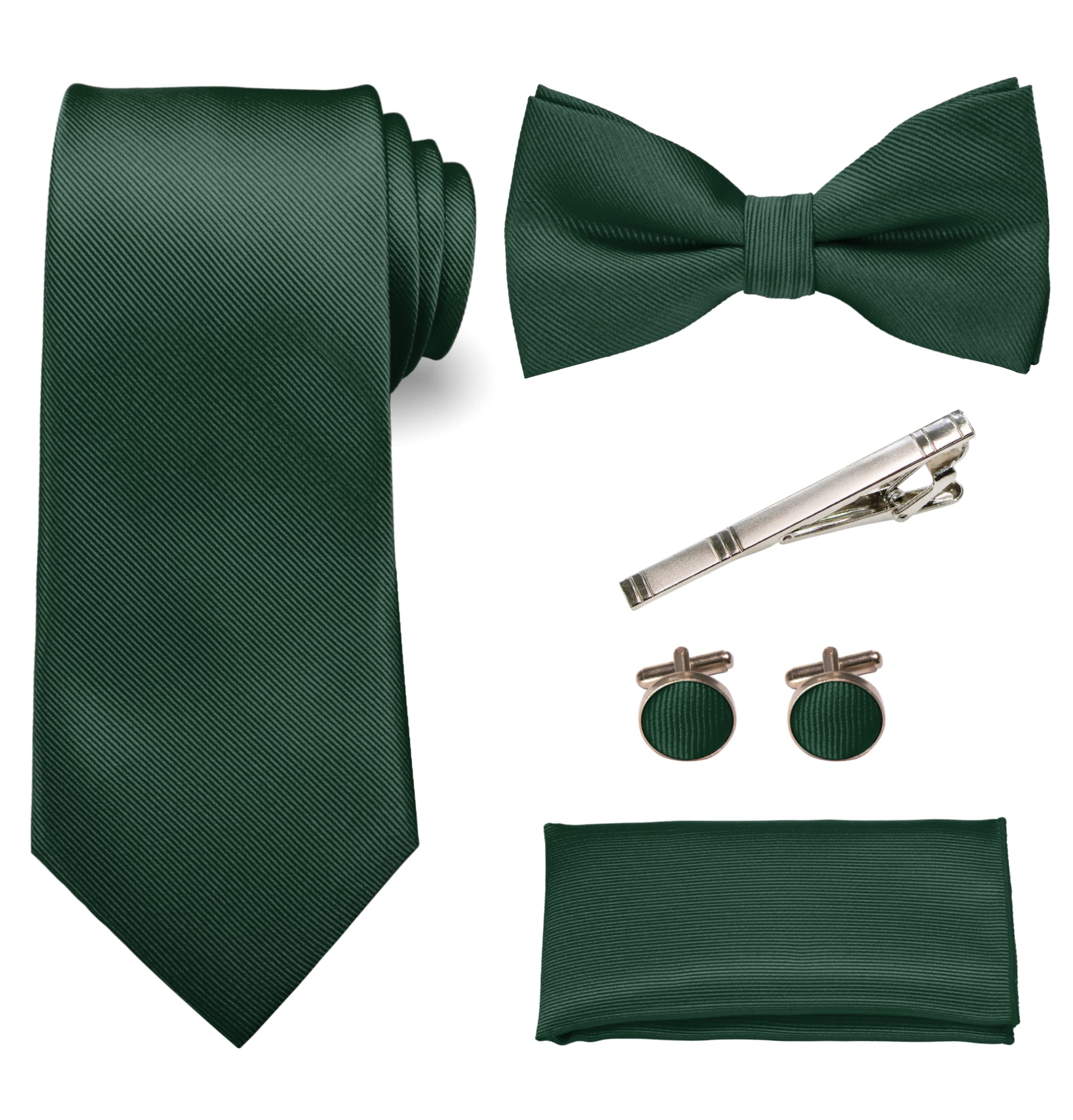 RBOCOTT Pañuelo de corbata y pajarita de un solo color con clip de corbata y gemelos conjuntos, verde oscuro, Talla única