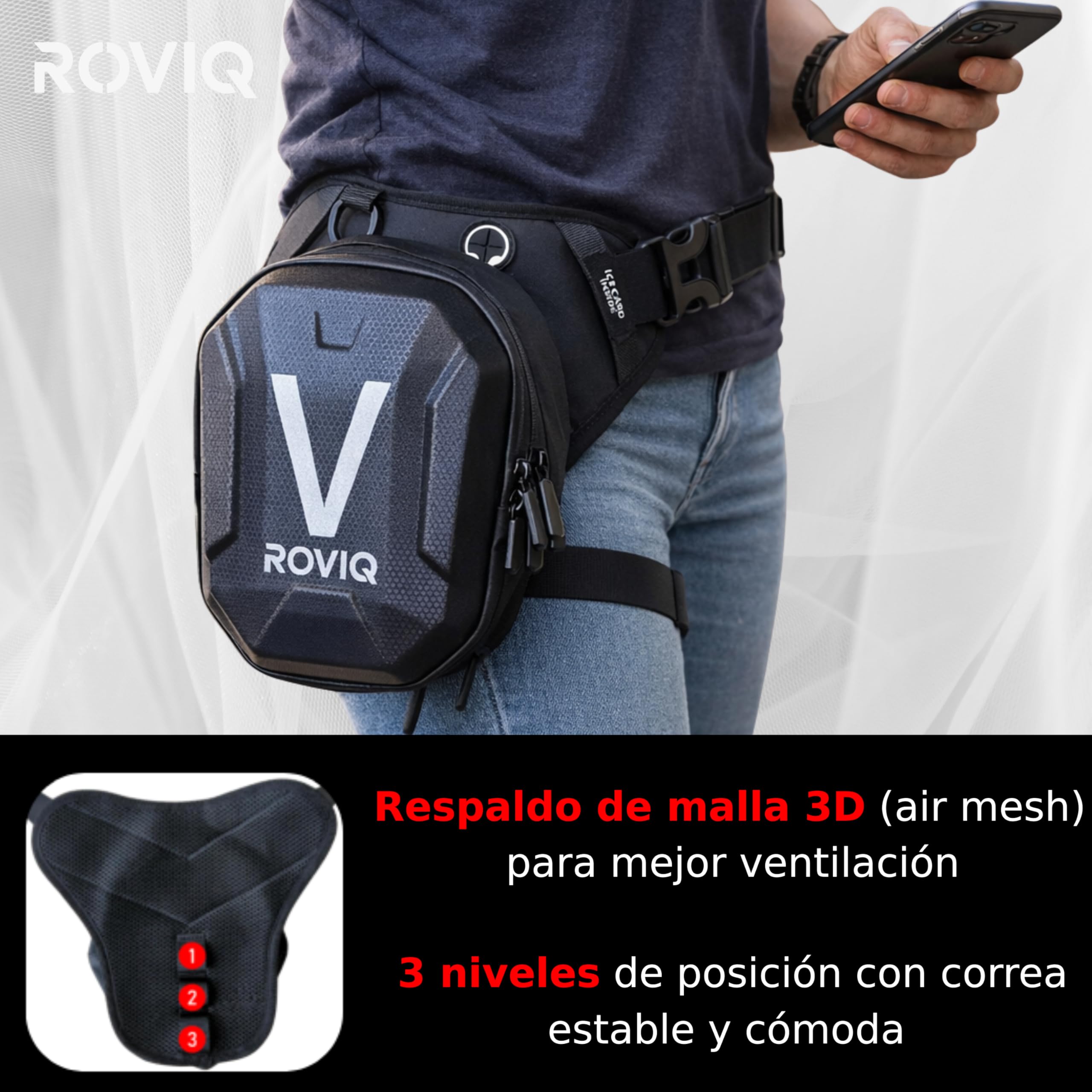 ROVIQ Pernera Moto Unisex, Bolsa Pierna Moto expandible 10-16 cm con 2 Compartimentos, Frontal EVA/PU semirrígido, Bolsillo Ice Card, 2 Ice Cards y mosquetón - Accesorios Moto — view 9