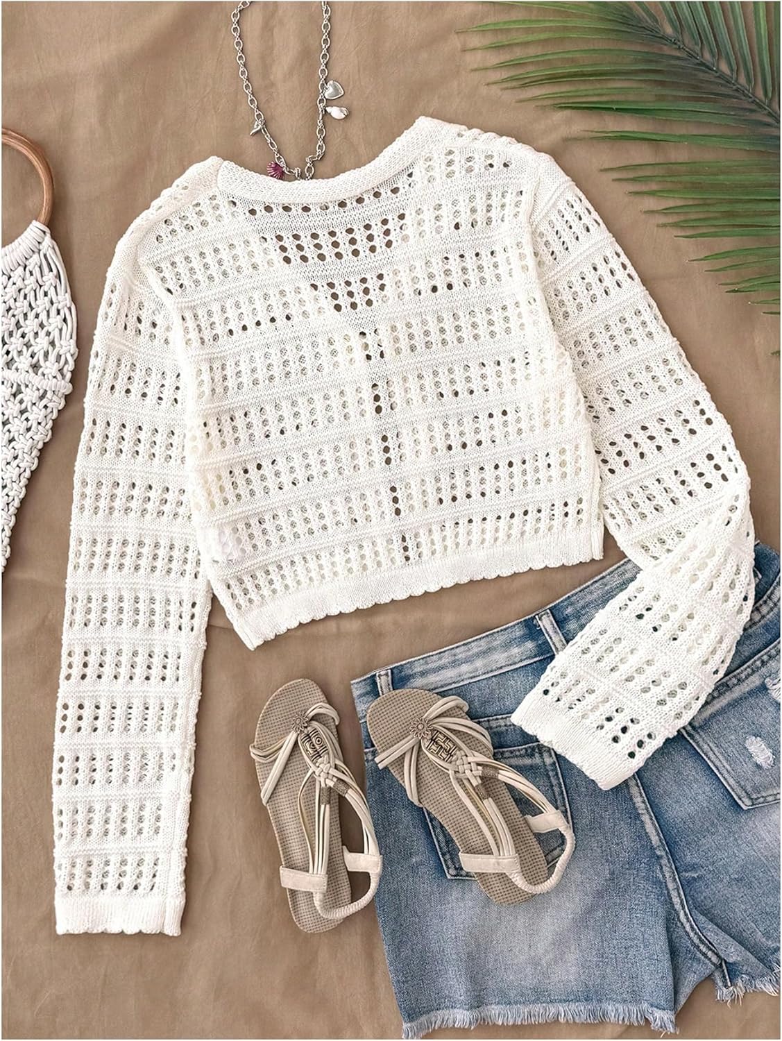OYOANGLE Girl's Tie Front Crochet Cardigan Long Sleeve Hollow Out V Neck Boho Sweater Tops - Image 3