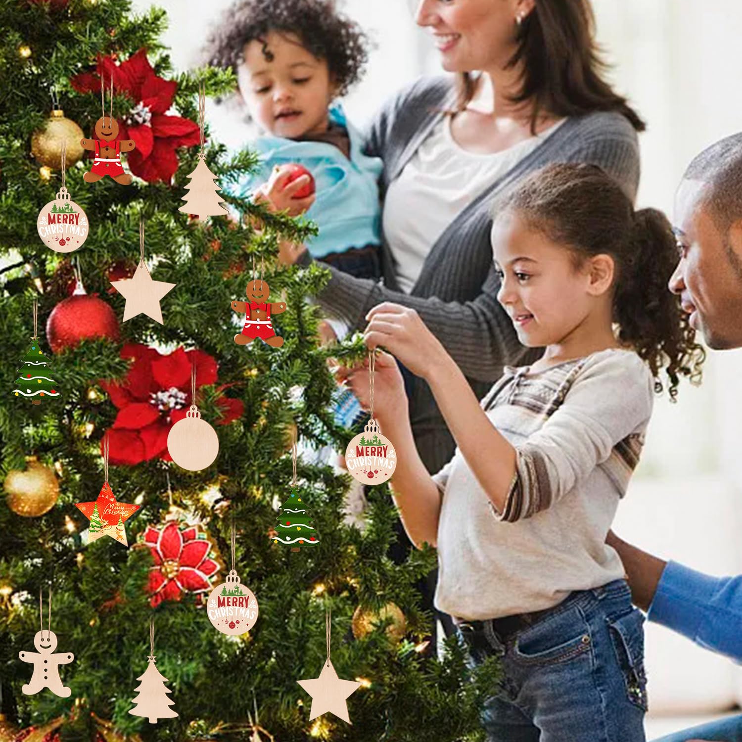 FiveMileBro 40-teiliges DIY Weihnachtskugel Set - Holz-Anhänger Mit Juteseil & Malstiften