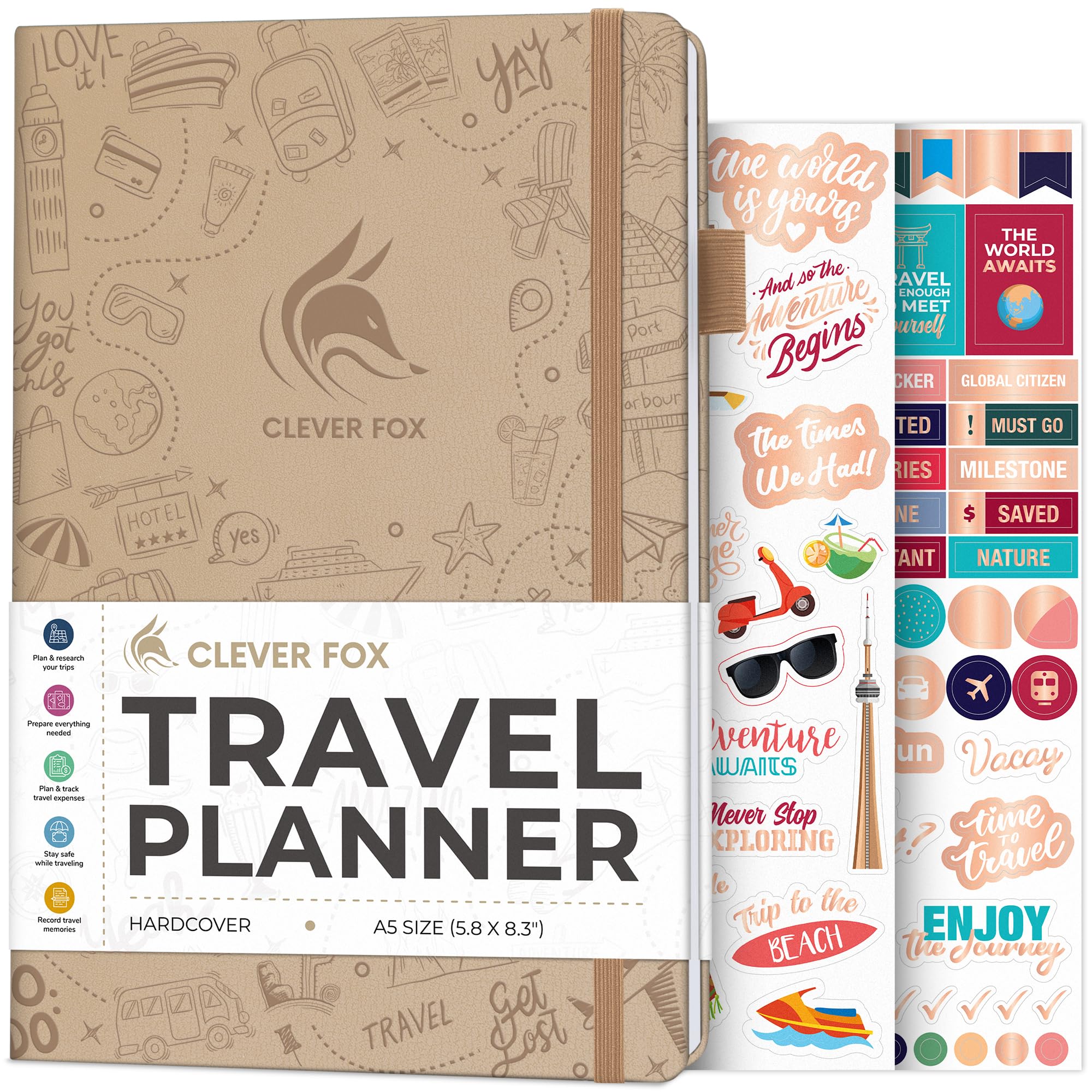 Clever Fox Travel Journal – Vacation & Trip Organizer with Budget Plan, Packing List, Travelling Expense Tracker, A5 (Sandstone)
