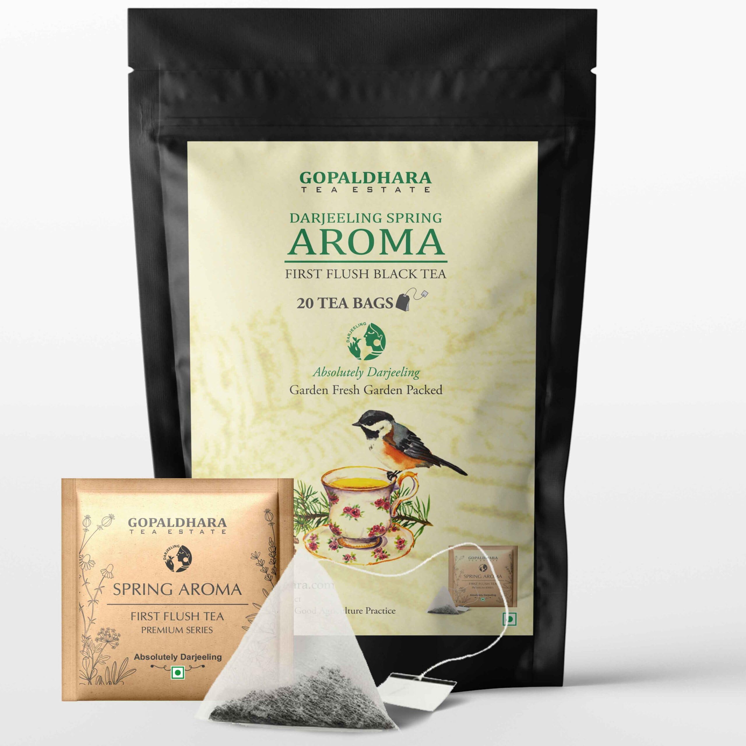 Gopaldhara Darjeeling First Flush Tea Bag | Fresh Spring Aroma & Flavour | Green Whole Leaves & Mellow Gold Liquor | 20 pcs Envelope Pyramid Tea Bags