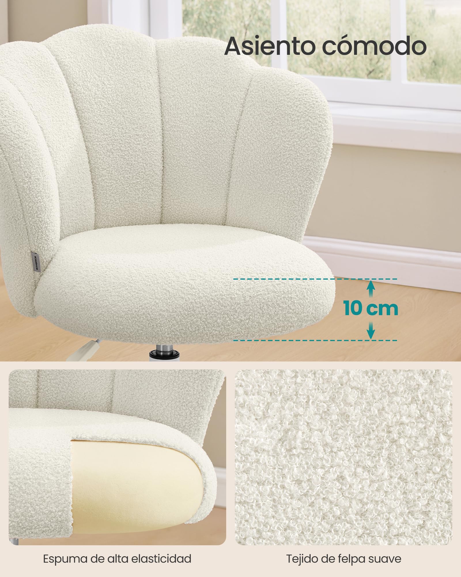 SONGMICS Silla de Oficina Giratoria 360°, Silla de Tocador Acolchada, Tela de Peluche, Soporta 110 kg, Respaldo en Forma de Pétalos, Altura Ajustable, para Salón y Dormitorio, Blanco Crema OBG030WD01