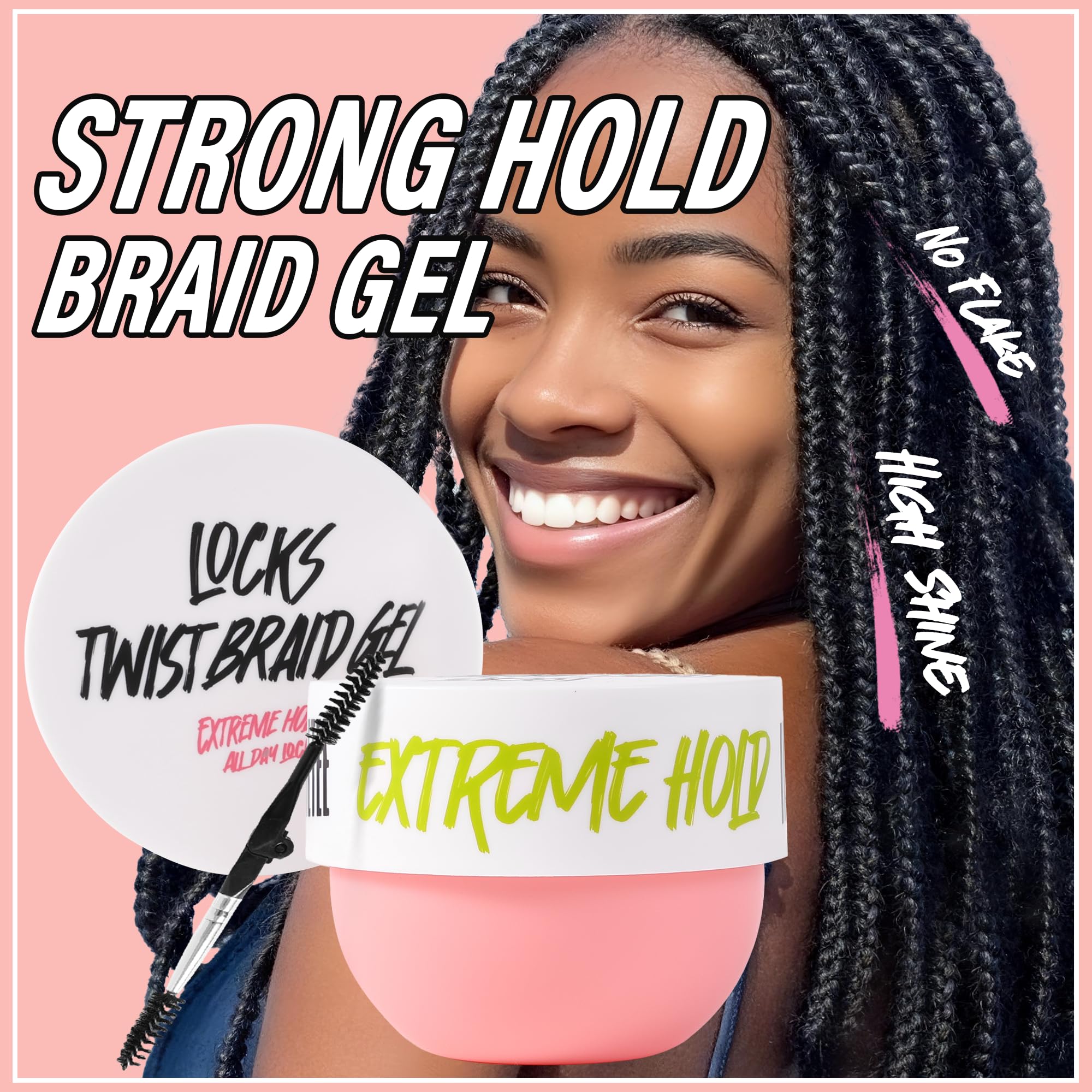 immetee Gel para Trenzas, Gel para Torcer y Marcar con Fijación Todo el Día, Control de Bordes para Cabello Afro, Cera Antifrizz para Cabello con Cepillo Aplicador (Rosa 150g)