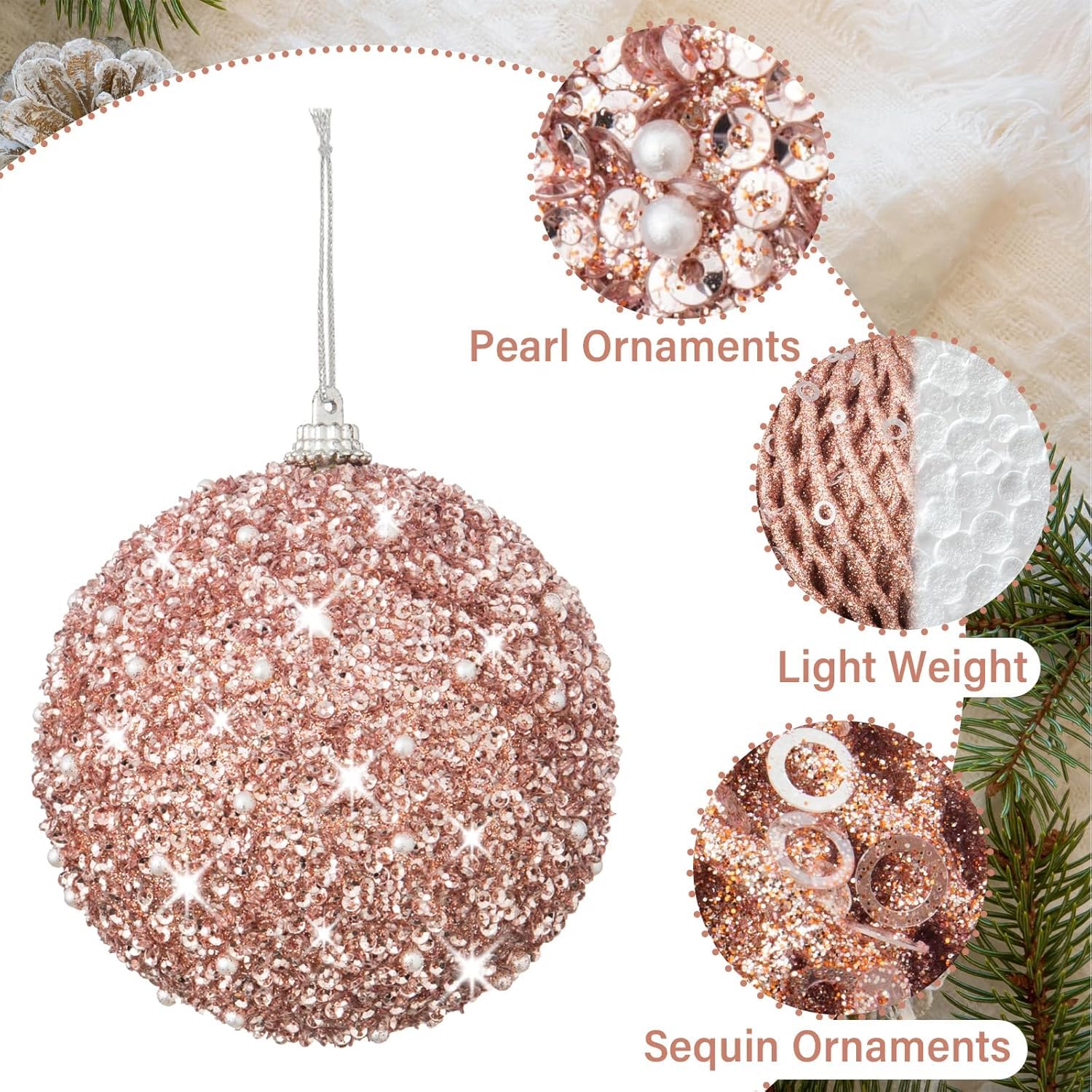 Bolas de Navidad, 12pcs 8cm Bolas de árbol de Navidad Ornamentos de decoración de Navidad Ornamentos de Bola para Fiestas de Bodas ﻿ (Oro Rosa ﻿)