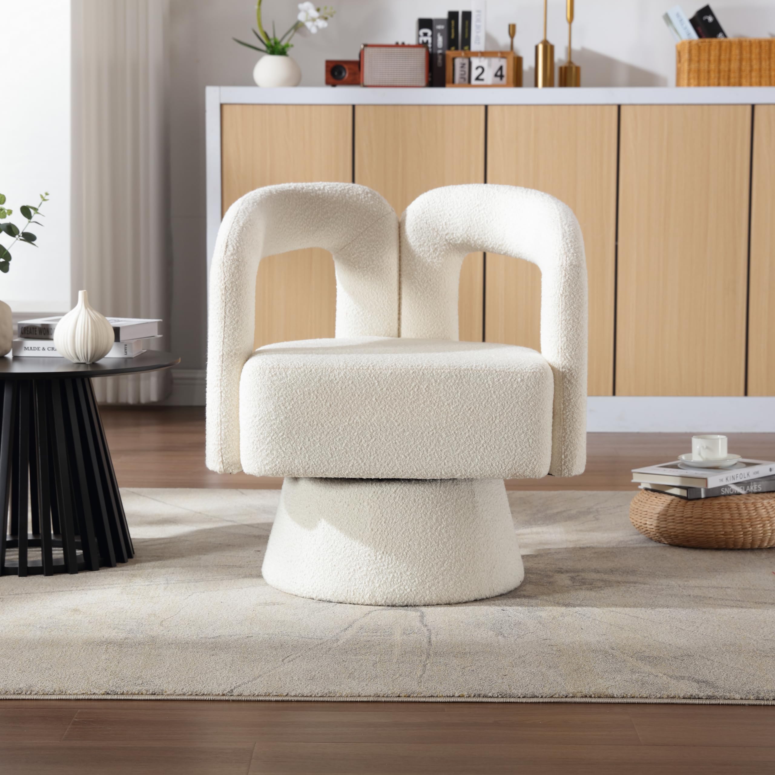 OKMYHOME Sessel – 360° drehbarer Sessel mit gepolsterter Sitzfläche aus Schlaufenstoff, Rahmen aus Holz und Metall, Belastung 150 kg, 67 x 55 x 74 cm, Beige