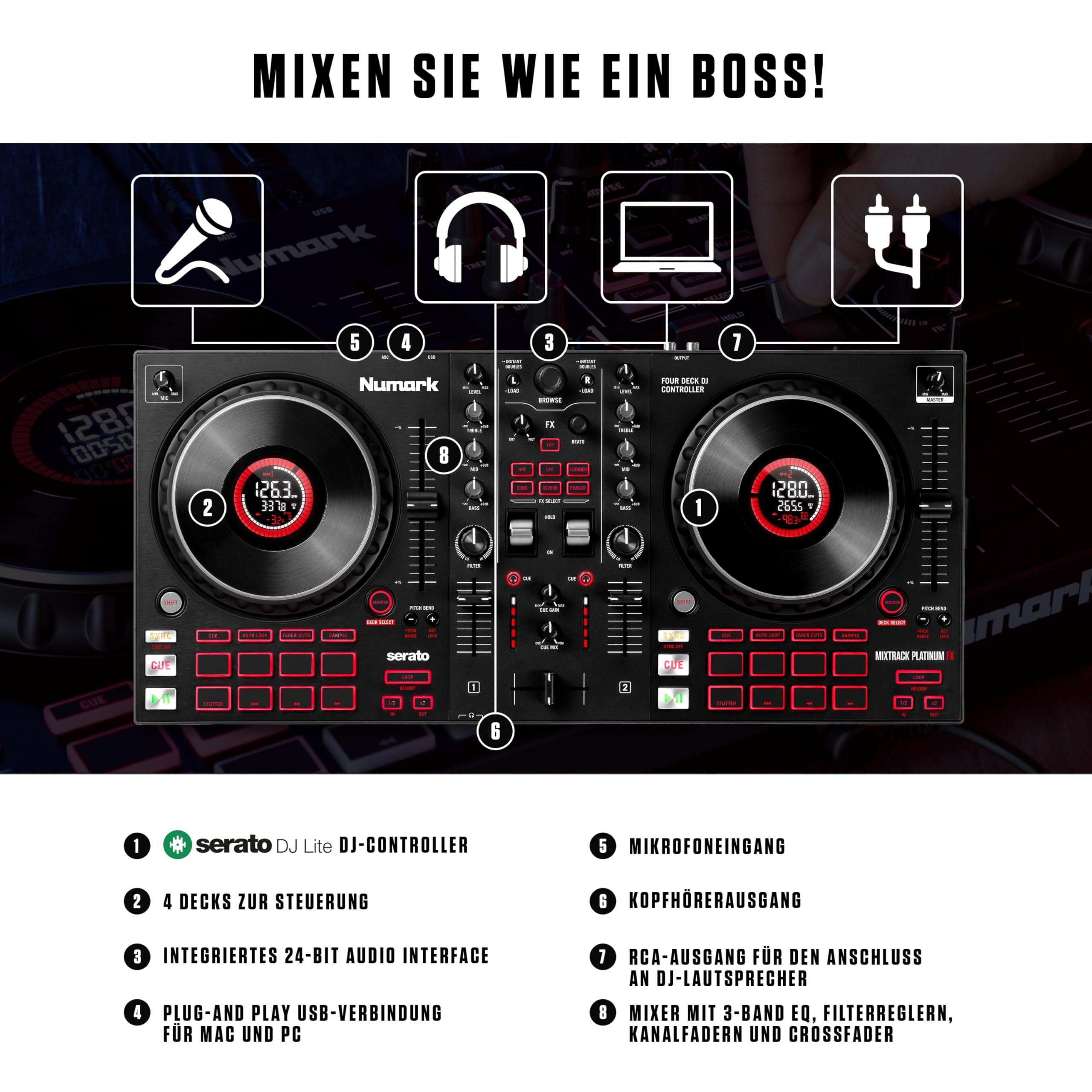 Numark Mixtrack Platinum FX - DJ Controller Pult mit 4-Deck Kontrolle, integriertem Audio Interface, Jogwheel-Displays und Effektpaddeln