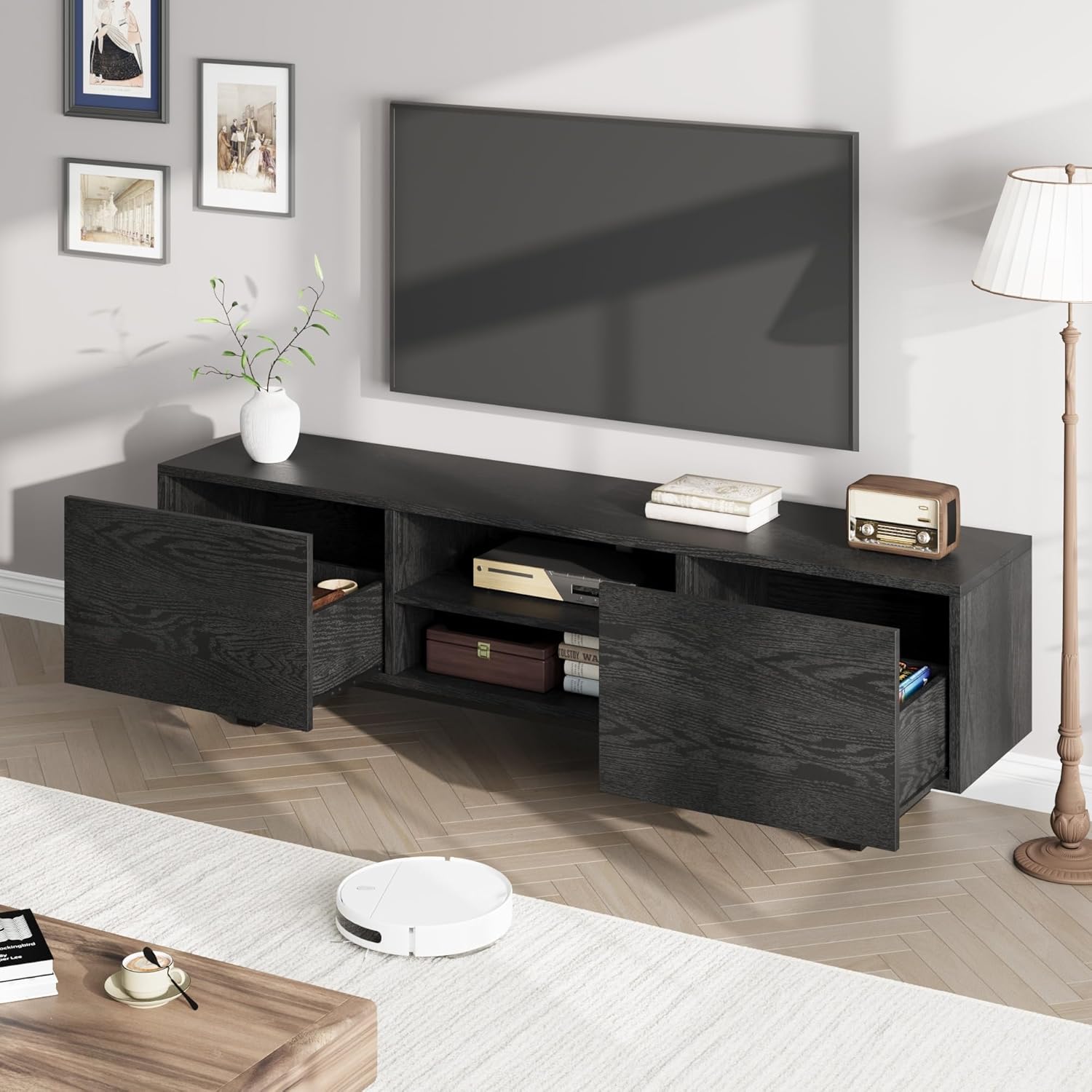 70" TV Stand for 65/75/80 Inch TV,Modern Entertainment Center with2 Drawers & Open Shelves,Wooden Media Console Cabinet with Metal Legs for Living Room Bedroom,Black - Image 4