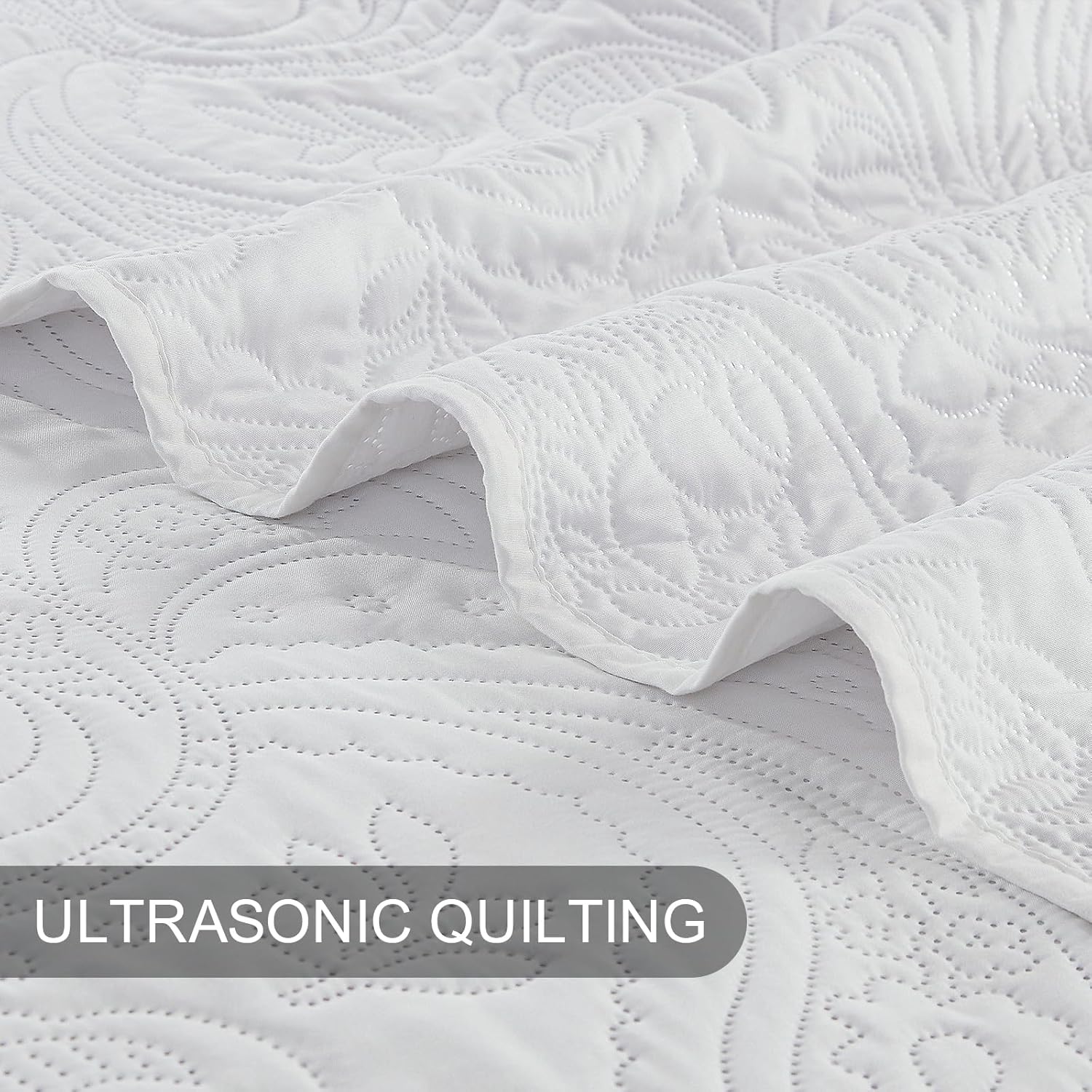 BOURINA Ultrasonic Quilt Set Bedspreads 3-Piece Bedding Set Pre-Washed Microfiber Ultra Soft Lightweight Flower Coverlet Set for All Season, Queen White