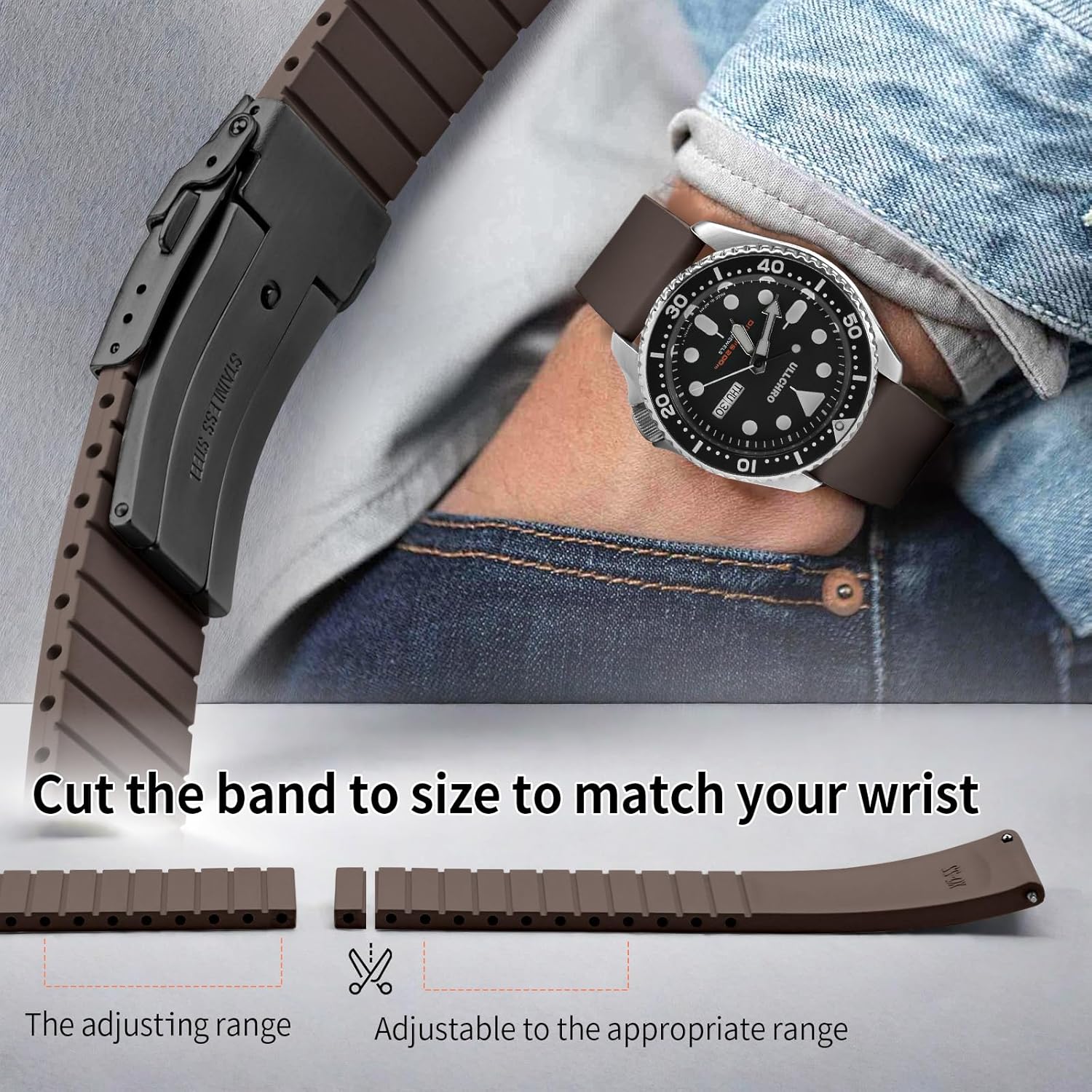 ULLCHRO Fluororubber Watch Strap - Fast Release Cut-to-Size 18mm 19mm 20mm 21mm 22mm FKM Rubber Watch Band with Buckle Soft Universal Waterproof Replacement Band Strap for Men Women - Image 5