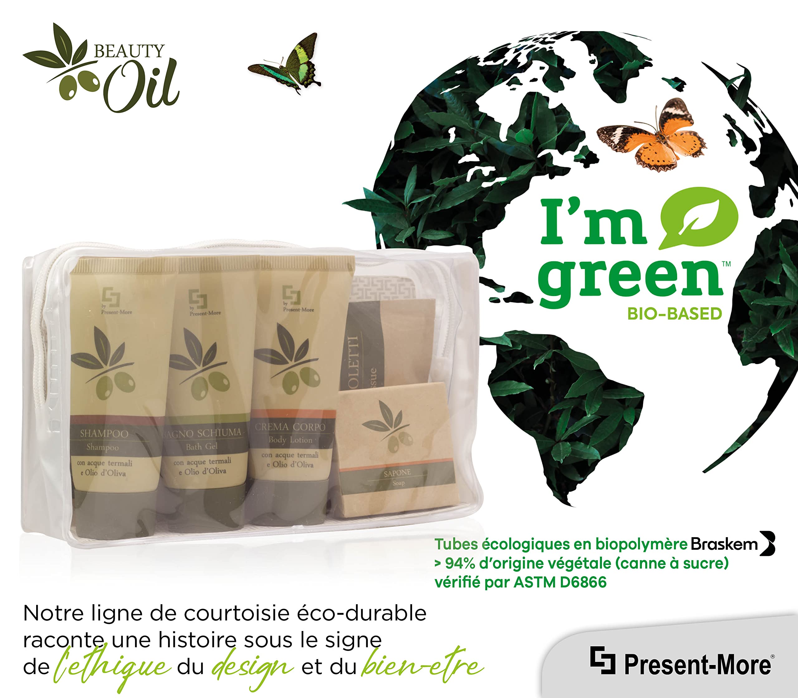 PRESENT-MORE - Kit Accueil 24 Invités Beauty Oil - Parfum Tahitian - Contenu: Shampooing, Gel Douche, Crème, Savon et Accessoires - Made in Italy - Pour Hôtels et B&B