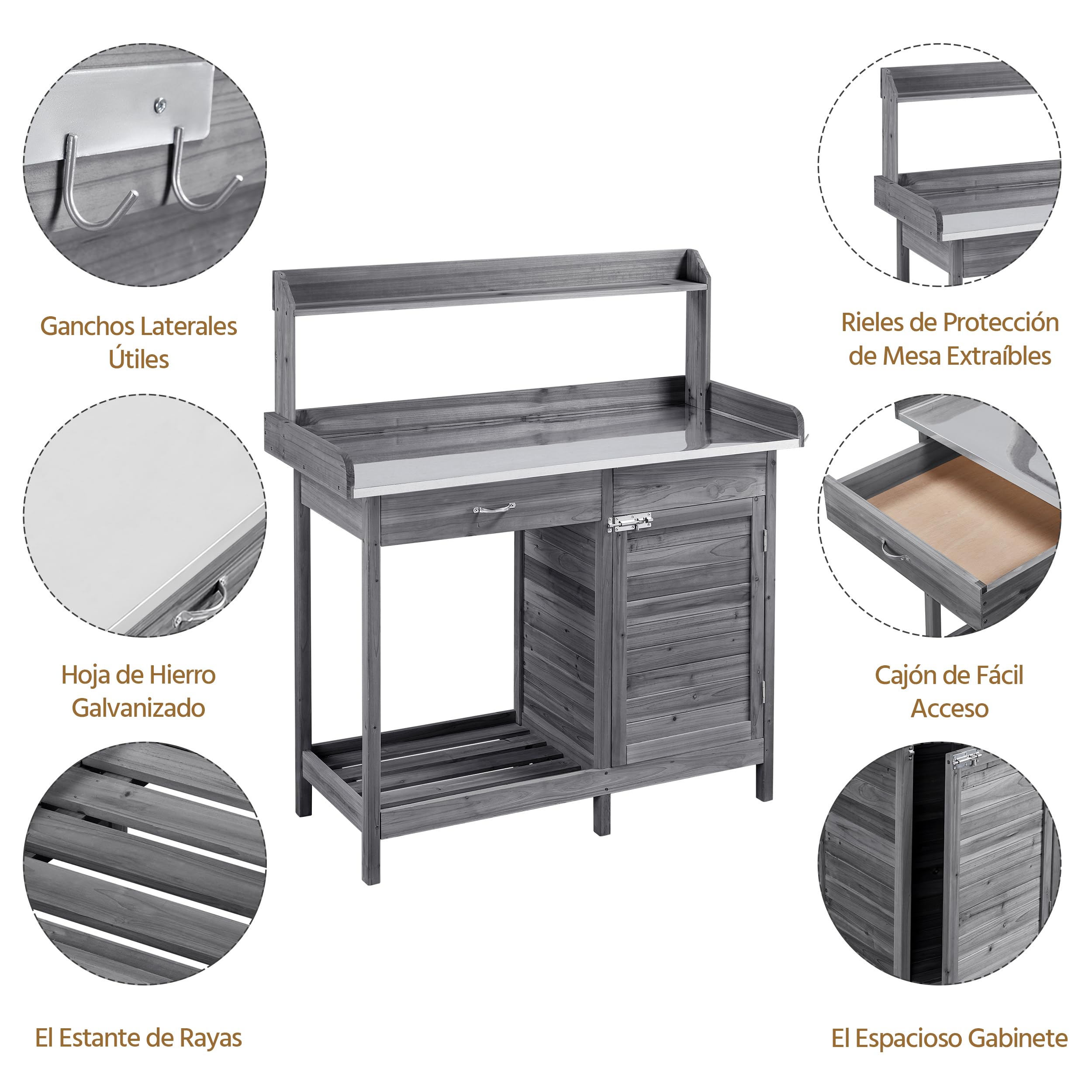 Yaheetech Mesa de Jardinería con cajón Estante Armario de Mesa Plantación 112 x 46,5 x 125 cm Gris