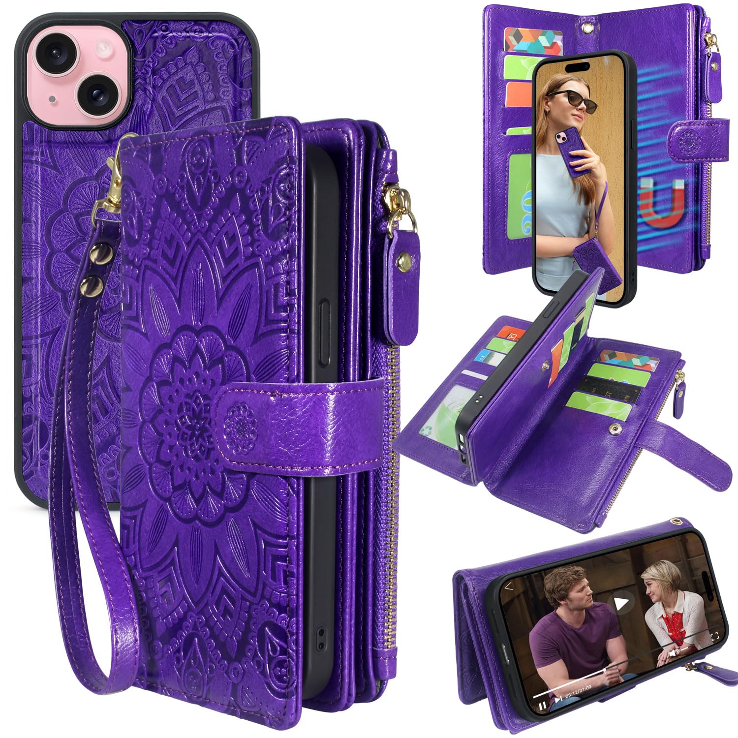 Harryshell Compatible with iPhone 14 6.1 inch 5G 2022 Wallet Case Detachable Magnetic Cover Zipper Cash Pocket Multi Card Slots Holder Wrist Strap