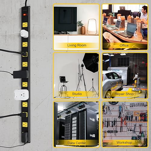 Miniatura 7 de SURAIELEC Tira de alimentación de metal larga de 12 tomas, protector de sobretensiones de cable de 15 pies, enchufe plano en ángulo, barra de