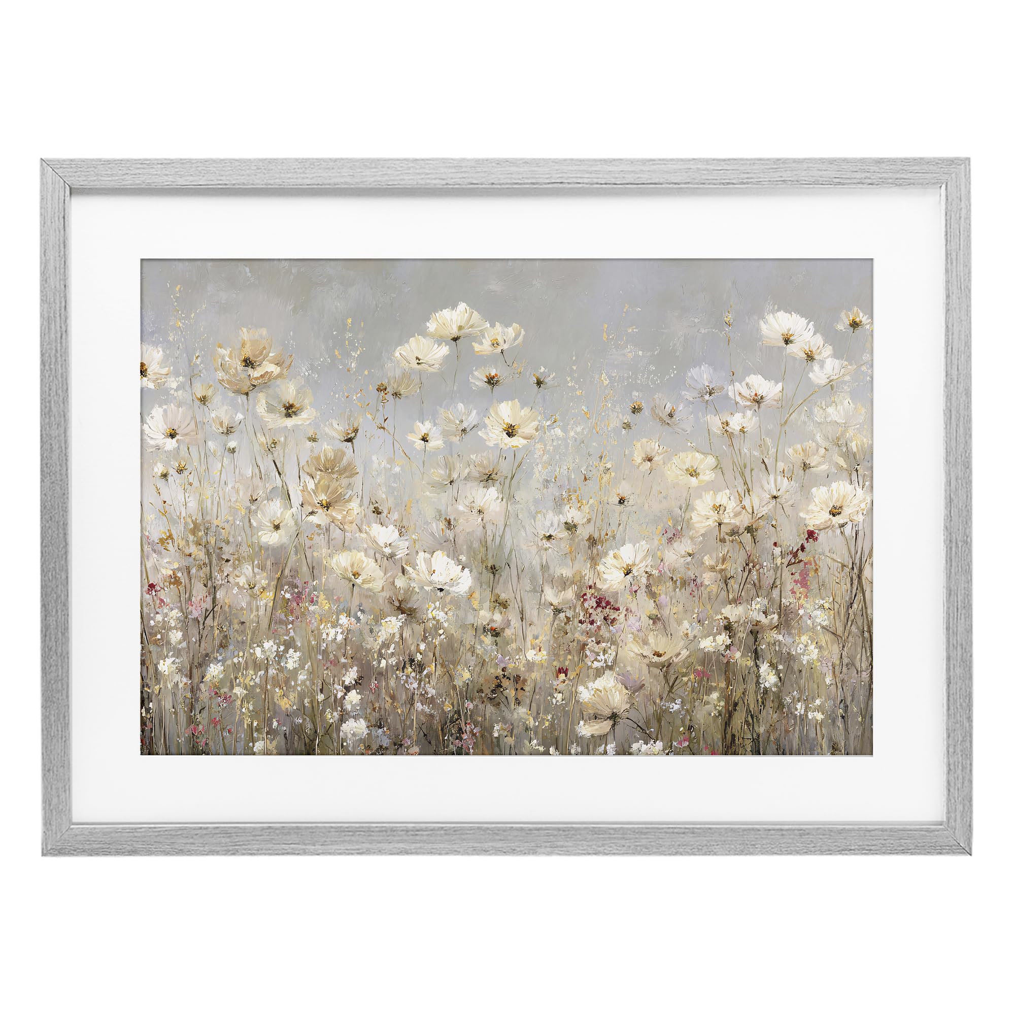 Stupell Industries 'White Daisy Clusters Meadow', Framed Print Under Glass, Gray, 23 x 17 Inches, Easy to Hang and Sturdy, Made in USA, by Jacky Ngan