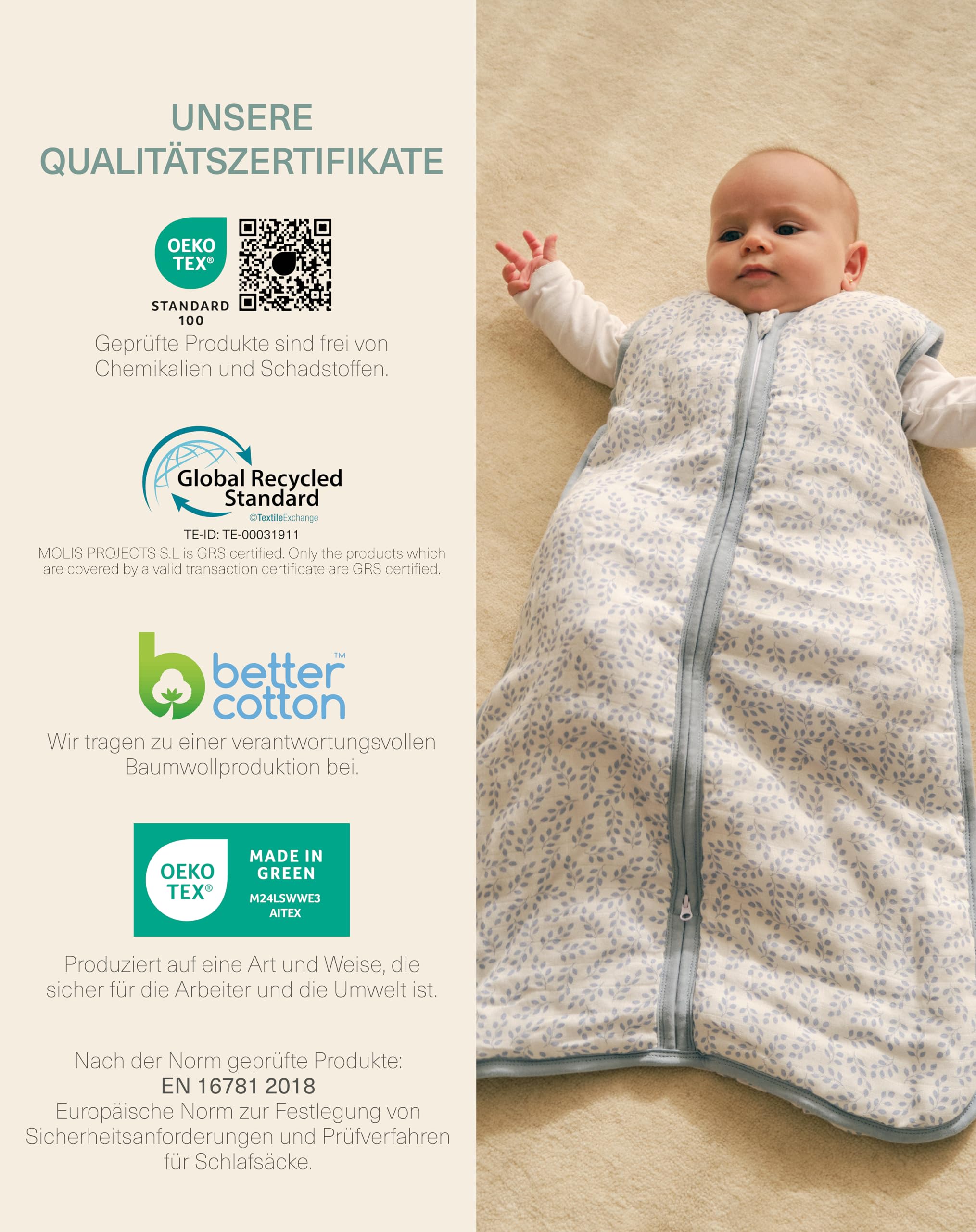 molis&co - Baby Schlafsack 2.5 TOG - Ganzjahres Schlafsack - Babyschlafsack Neugeborene - Premium-Musselin, ärmellos Winterschlafsack wattiert - Premium Qualität - Zen Garden (85 cm)