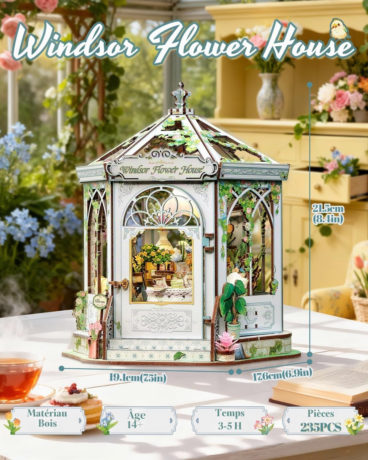 CUTEBEE Book Nook Puzzle 3D Rétro Européen - Kit à Assembler Maison de Poupée Jardin d'hiver, Décoration de Bibliothèque & Cadeau pour Adultes et Adolescents (Windsor Flower House)