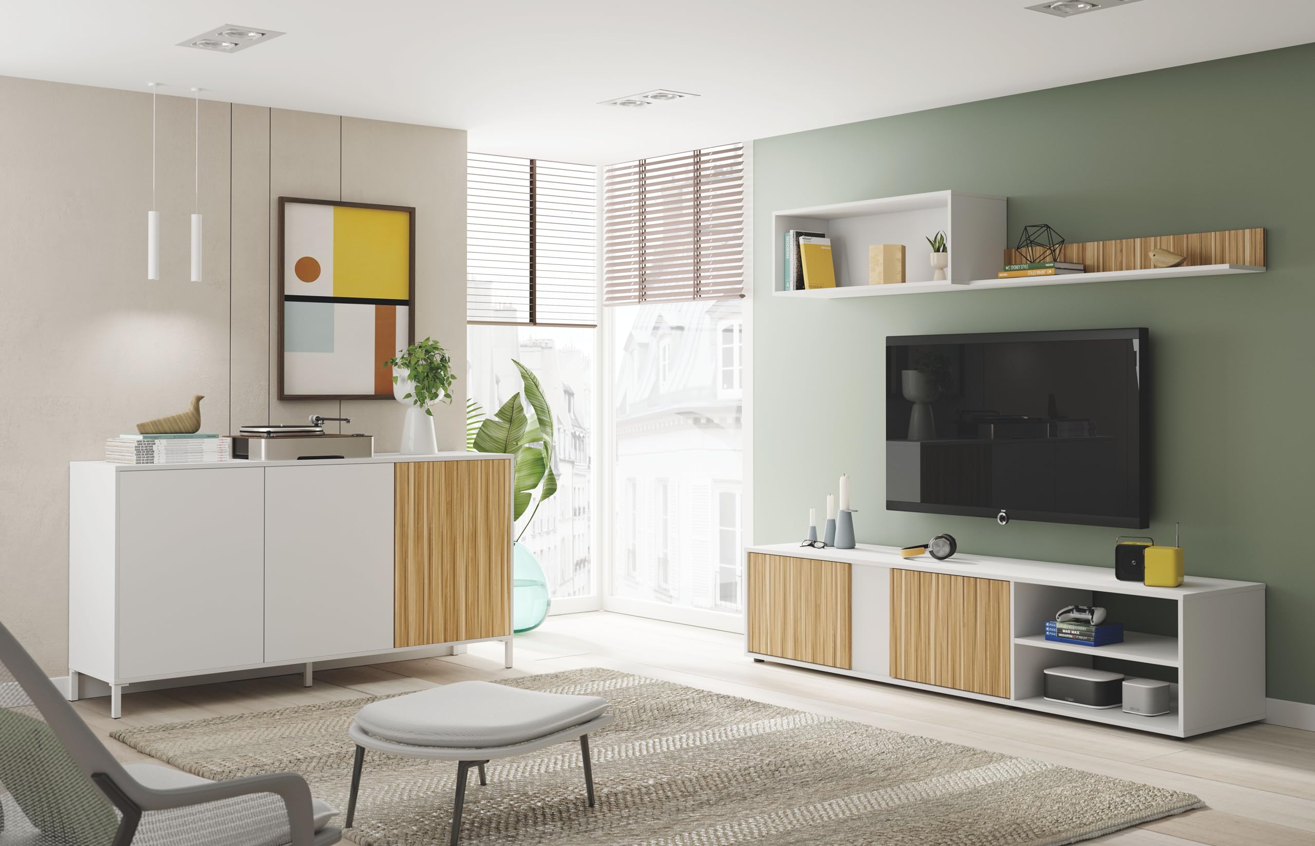 Mobelcenter, Mueble de Salón Ecco, Módulo TV, Módulo Superior y Estante, Color Blanco Artik y Natur, Medidas: Ancho: 180 cm x Fondo: 33 cm x Alto: 40 cm (1442)