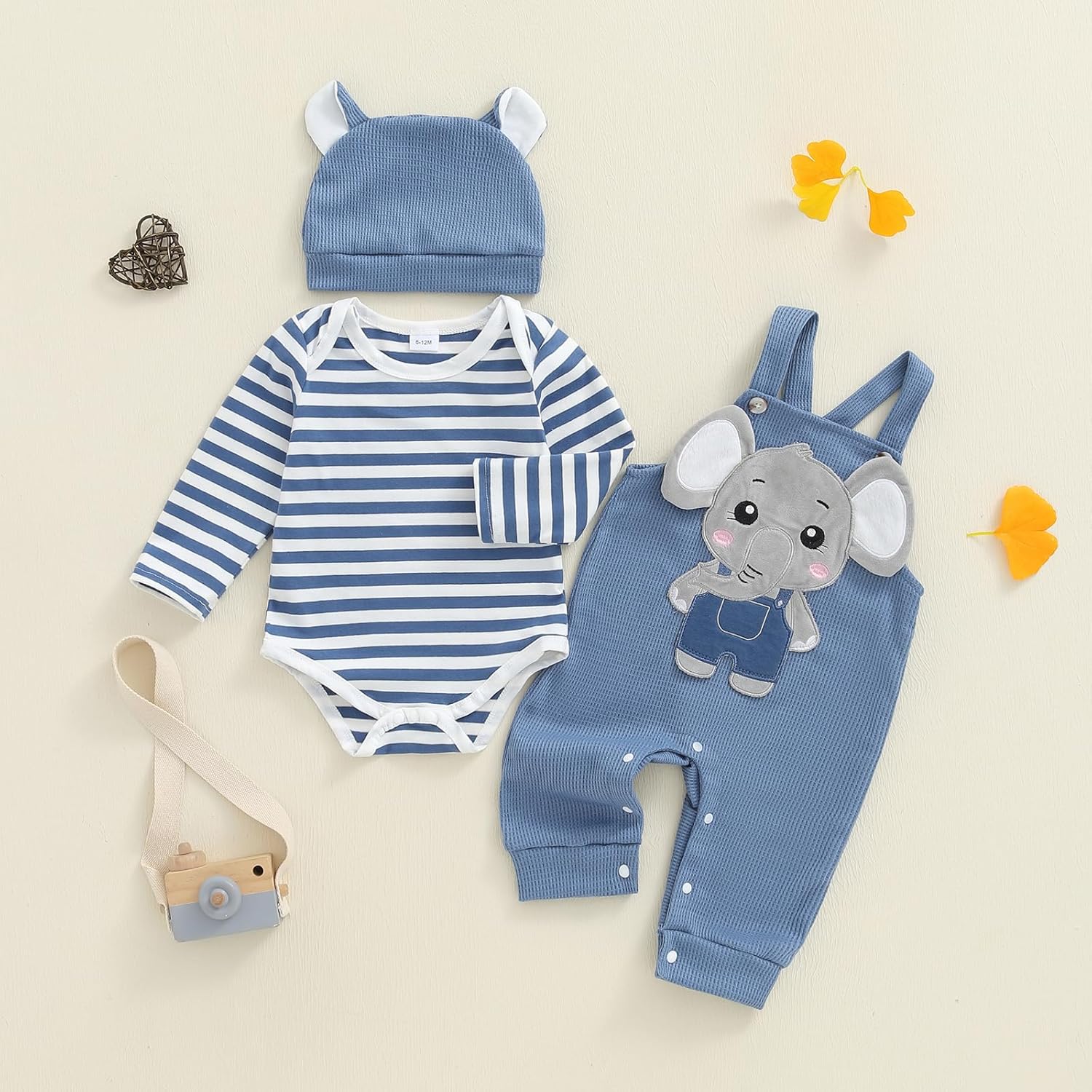 Baby Boy Clothes Set Infant Striped Long Sleeve Bodysuit Top Animal Suspender Pants Hat Newborn 3Pcs Fall Outfit - Image 5
