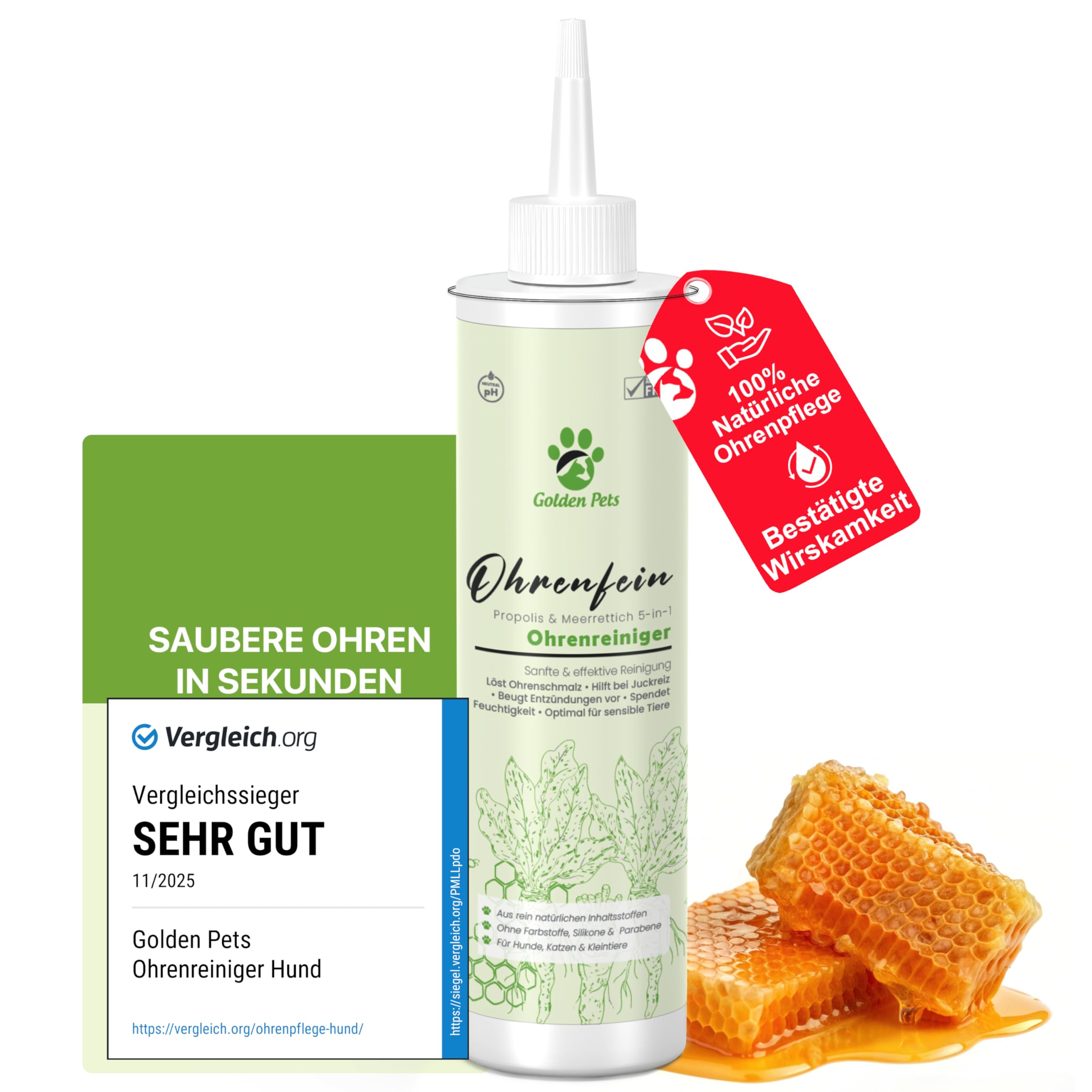 Golden Pets TESTURTEIL SEHR GUT Ohrenreiniger für Hunde & Katzen **VERGLEICHSSIEGER** 100% natürliche Ohrenspülung gegen Juckreiz, Entzündung & Ohrenschmalz I Ohrenpflege, 250ml