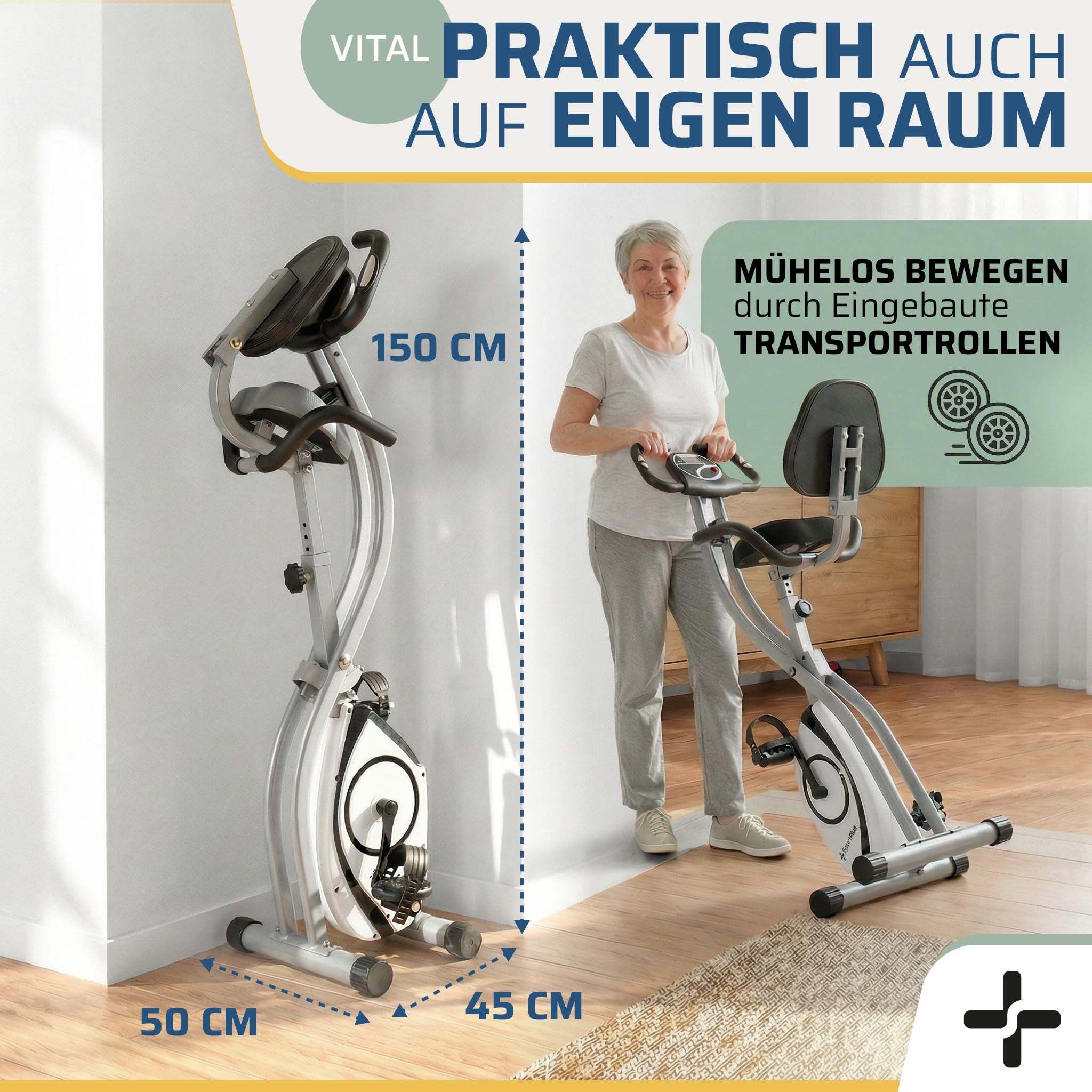SportPlus Heimtrainer Fahrrad klappbar - Hometrainer Fahrrad klappbar - extra leiser Hometrainer für zuhause - Faltbares Fitnessbike - Ergometer Heimtrainer mit Rückenlehne