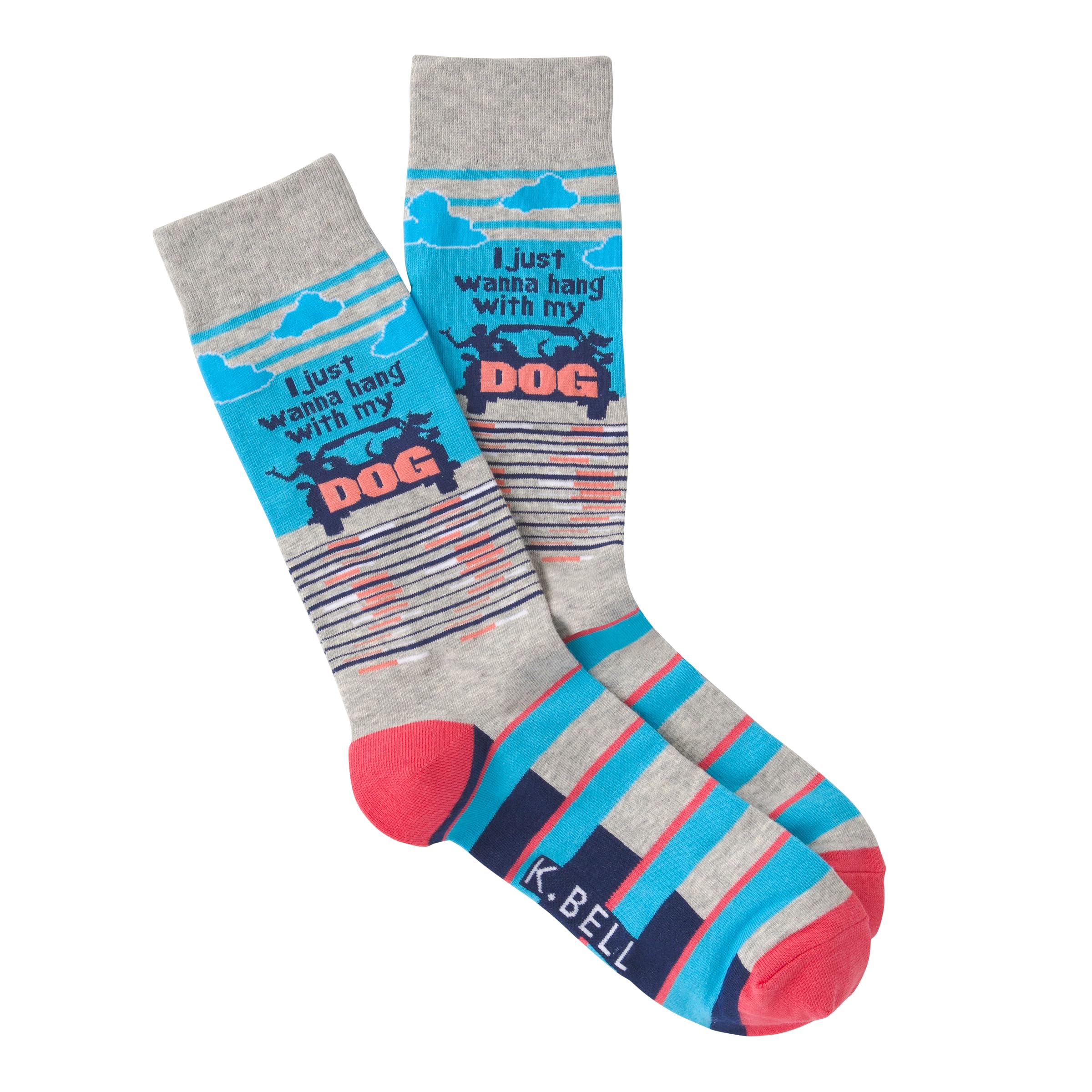 K. Bell Socks Men's Play On Words Novelty Crew Socks, Gray (Hang with Dog), 10-13/Shoe Size: 6-12