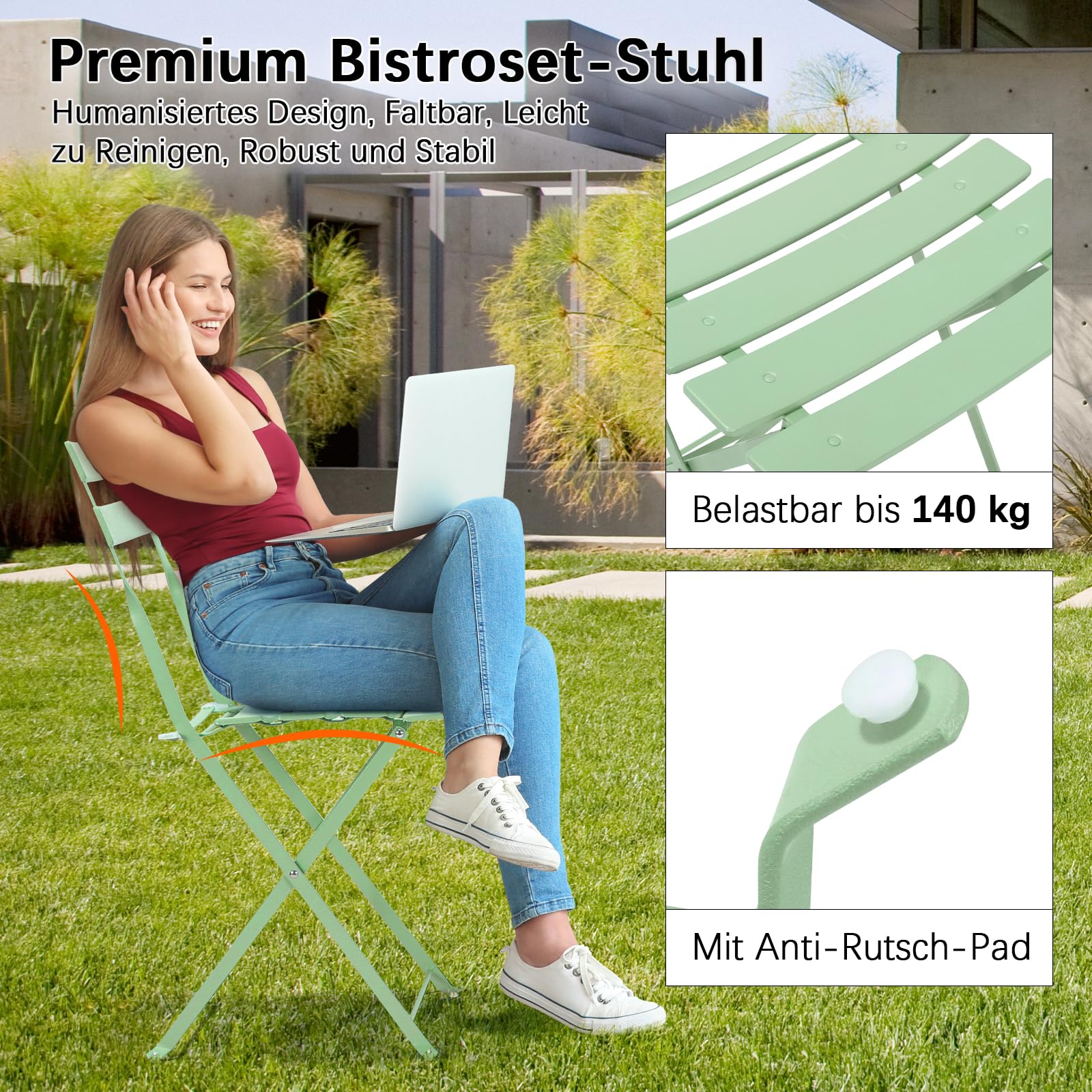 LIFERUN Gartenmöbel Bistro Set Metall, Bistro Set Klappbar 3 Teilig, Balkonset 2 Klappstuhl 1 Klapptisch, Balkonmöbel Klappbar, Wetterfest, Sitzgarnitur, Balkonmöbel Set für Balkon und Garten, Grün