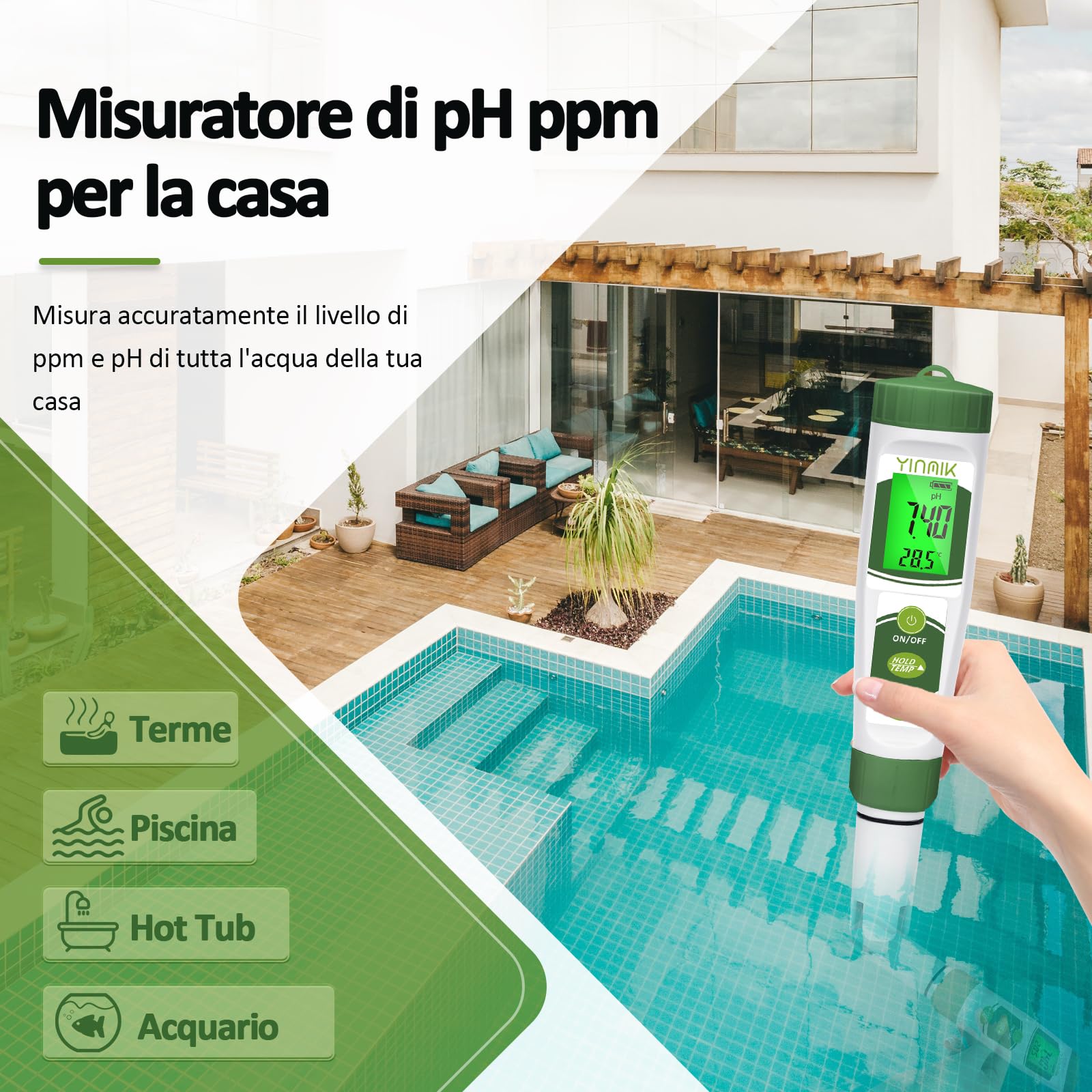 YINMIK Misuratore di pH elettronico Nuovo 2024, Tester pH per piscine, 4 in 1, Conduttimetro, Tester PPM, Misura pH EC TDS e Temperatura per coltura idroponica, Spa, Acqua potabile, Acquario