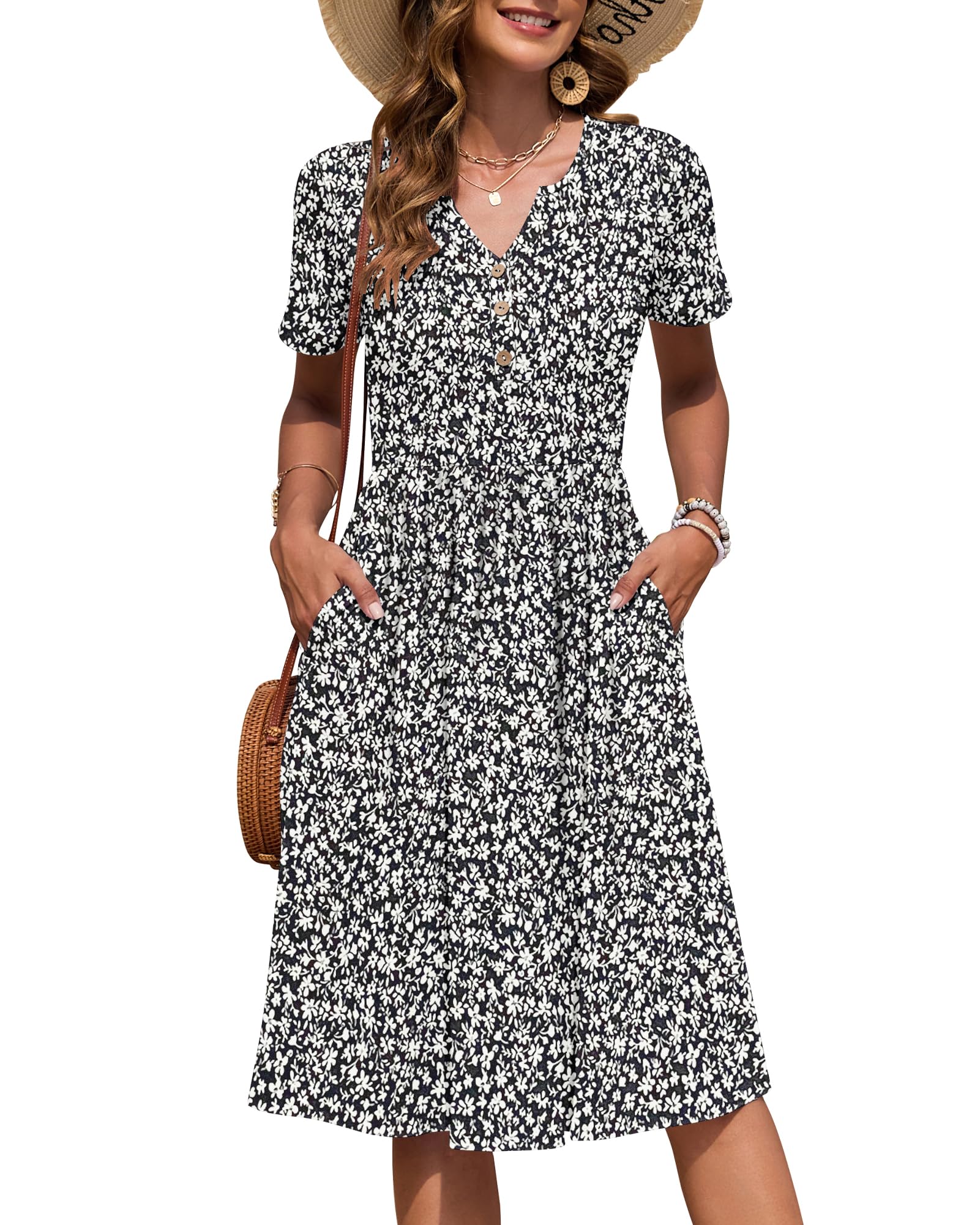 AUSELILY Women's Short Sleeve Summer Dress Knee-Length Summer Lightweight Dresses V-Neck with Buttons Casual Dress with Pockets
