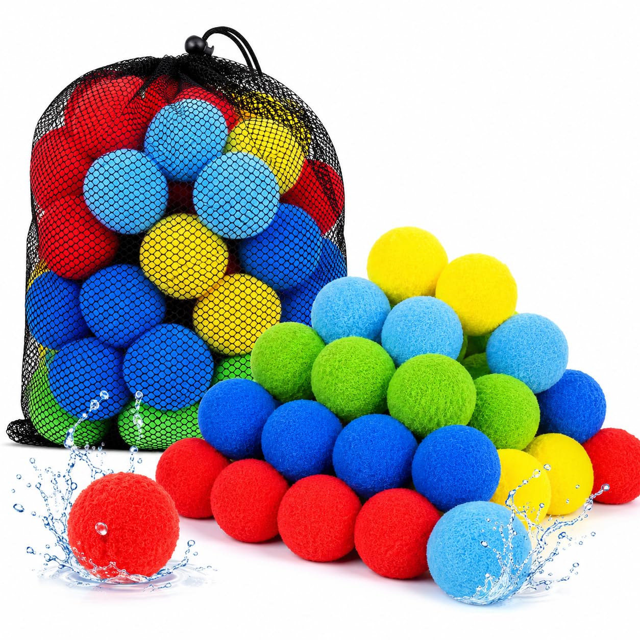 XQLY 60 Pcs Reusable Water Balls, Soft Cotton Splash Bombs with Mesh Bag