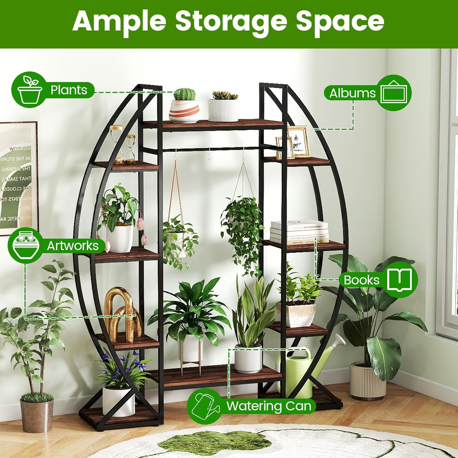 GOFLAME 63” Tall Curved Plant Stand, 10-Tier Corner Metal Plant Shelf w/4 Head Grow Lights, 10 Brightness Levels, Hanging Hooks, Indoor Flower Display Rack for Living Room, Balcony, Study, Bedroom