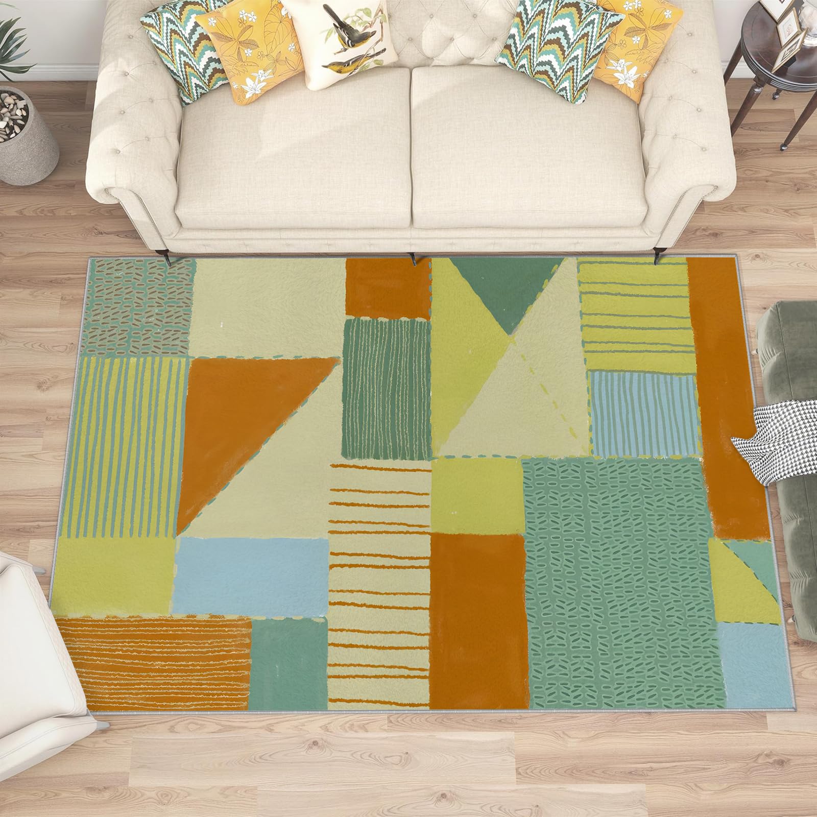 Grand tapis de salon géométrique vert et doux aux finitions soignées