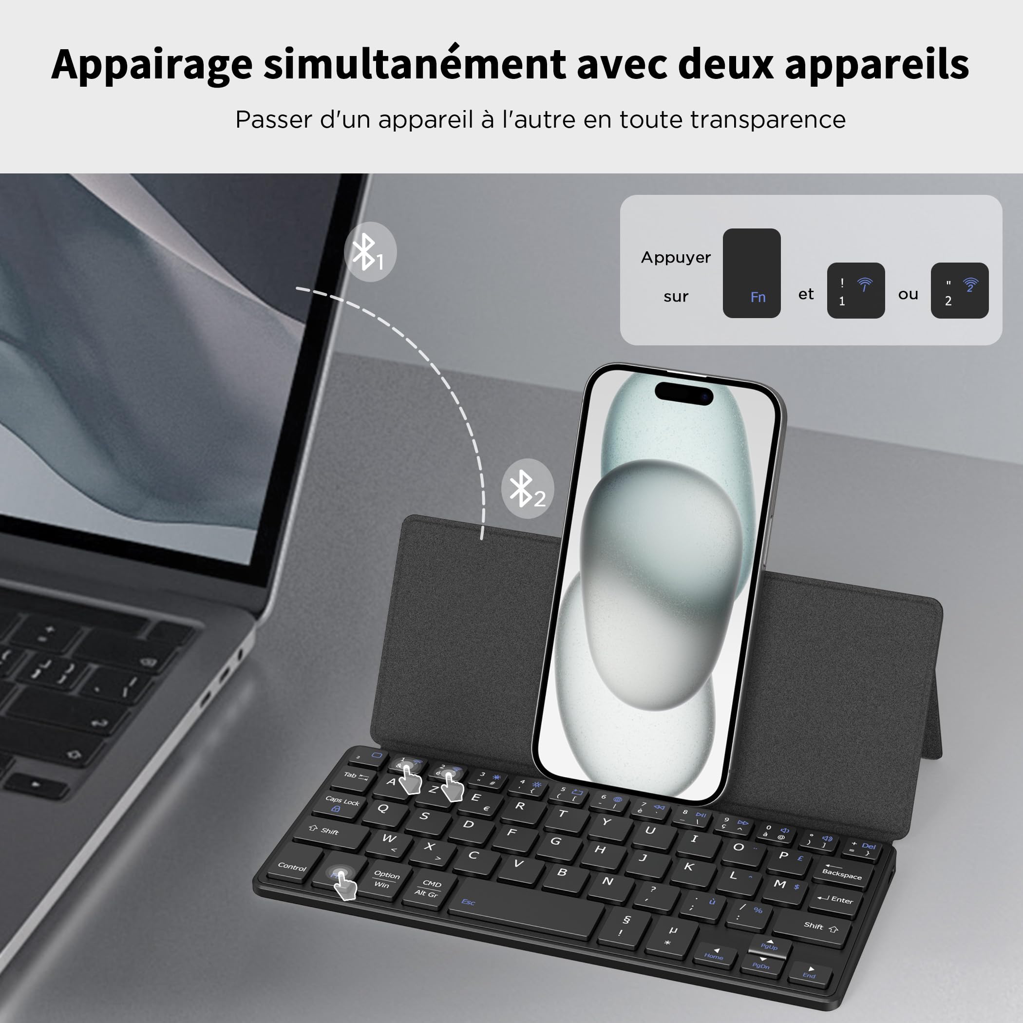 CACOE Clavier Bluetooth Pliable, Mini sans Fil Double Canal, [AZERTY] Bluetooth avec Support,Mini Clavier Ultra Plat, Compatible avec iPad/Phone/Tablette, Android, Windows, Noir