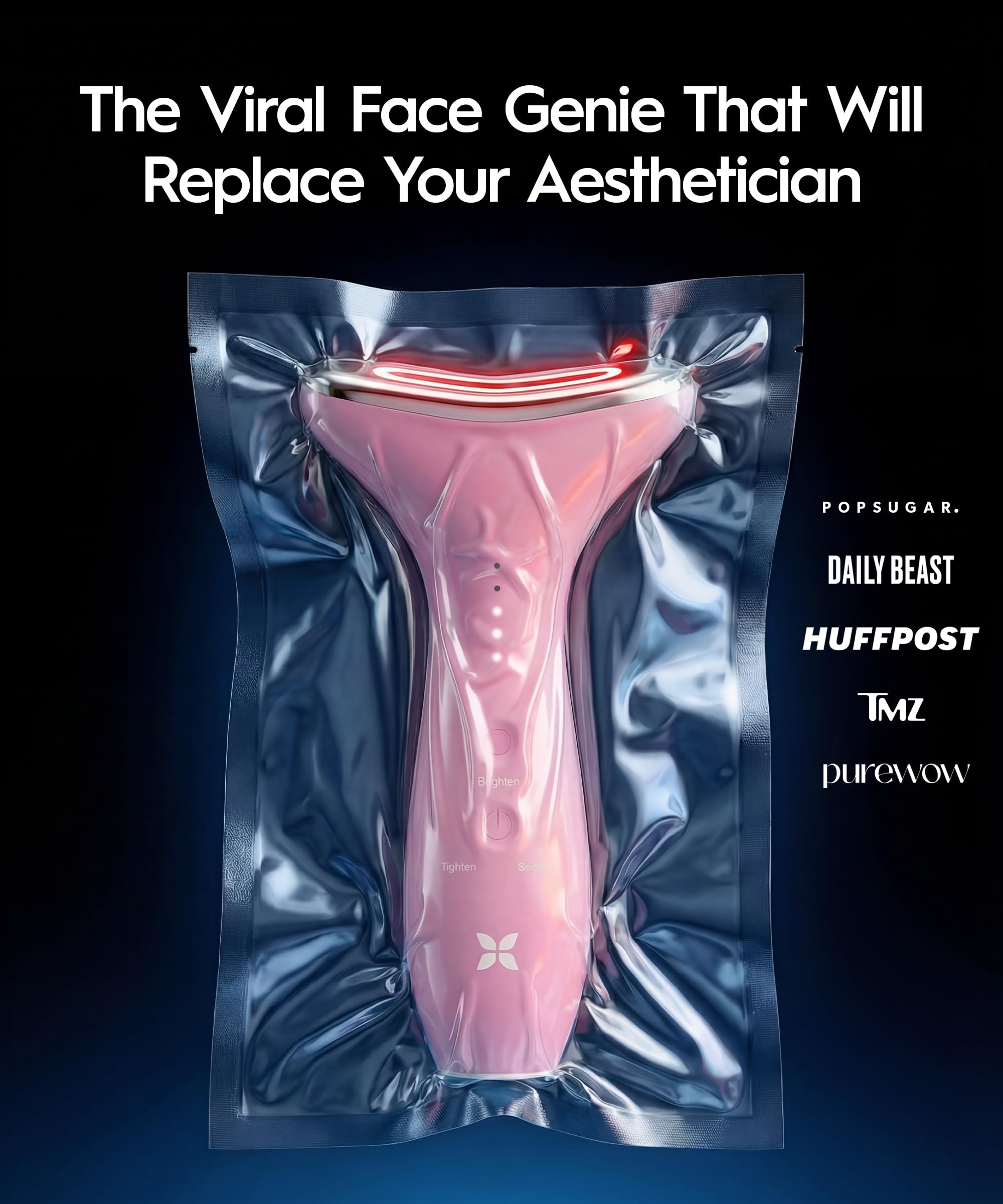 REVO Genie | 3-in-1 Face & Neck Beauty Massager with Heat, 3 Light Therapies, Smart Vibration | Red Light, Blue Light, Green Light Therapy for Smooth Glowing Skin - Pink Pearl